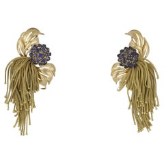 Mid-Century Gold Fringe Sapphire Earrings