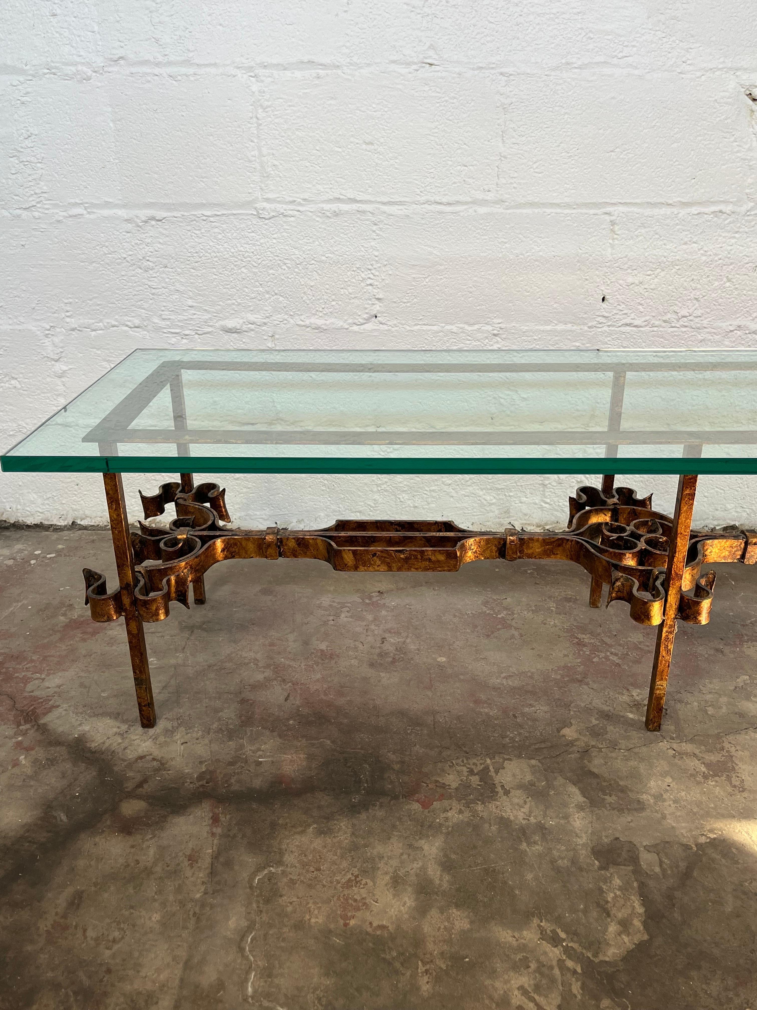 Mid Century Gold Gilt Scrolling Iron Glass Coffee table For Sale 3