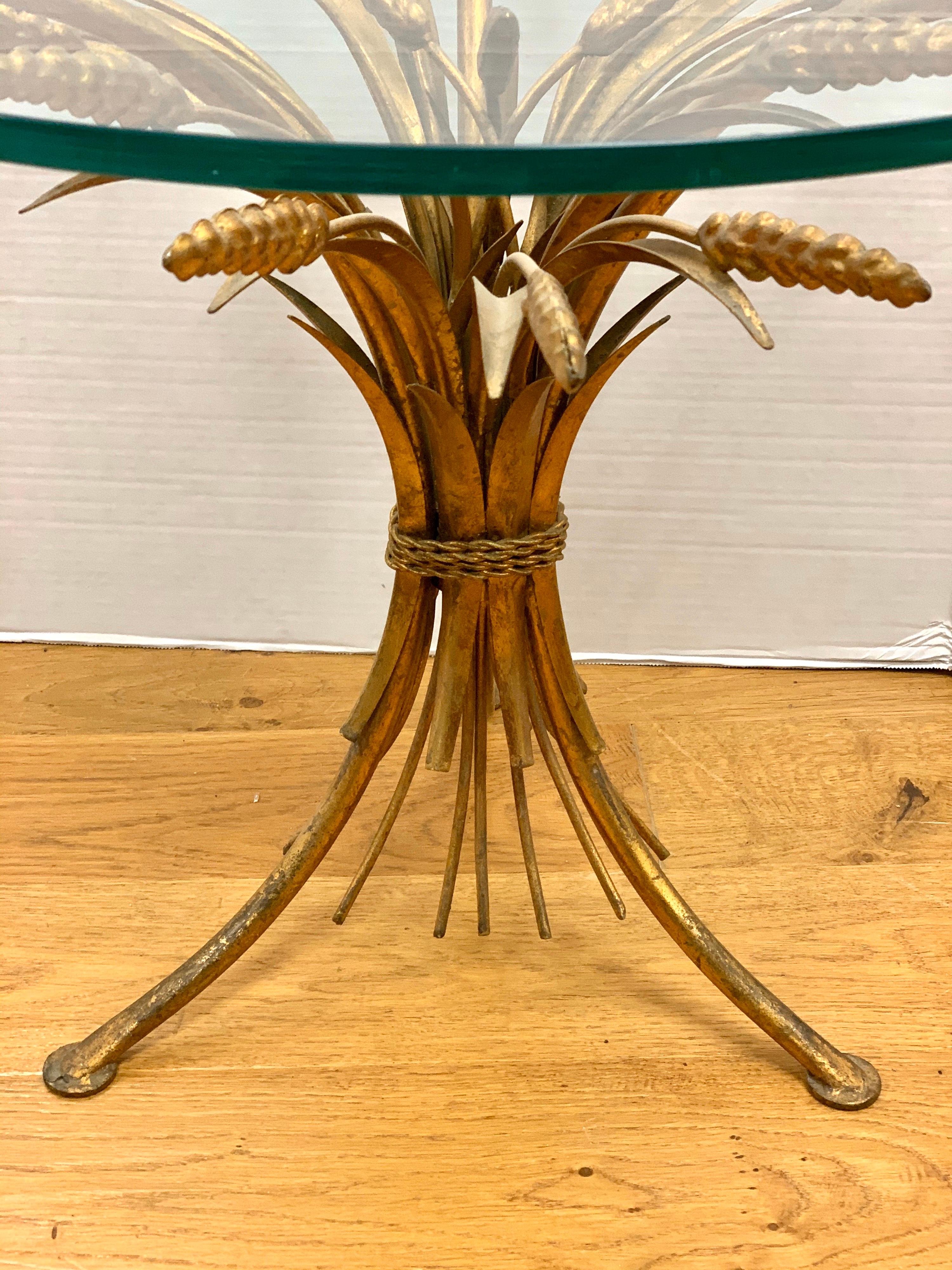 Midcentury Gold Gilt Wheat Sheath Table with Glass Top 3