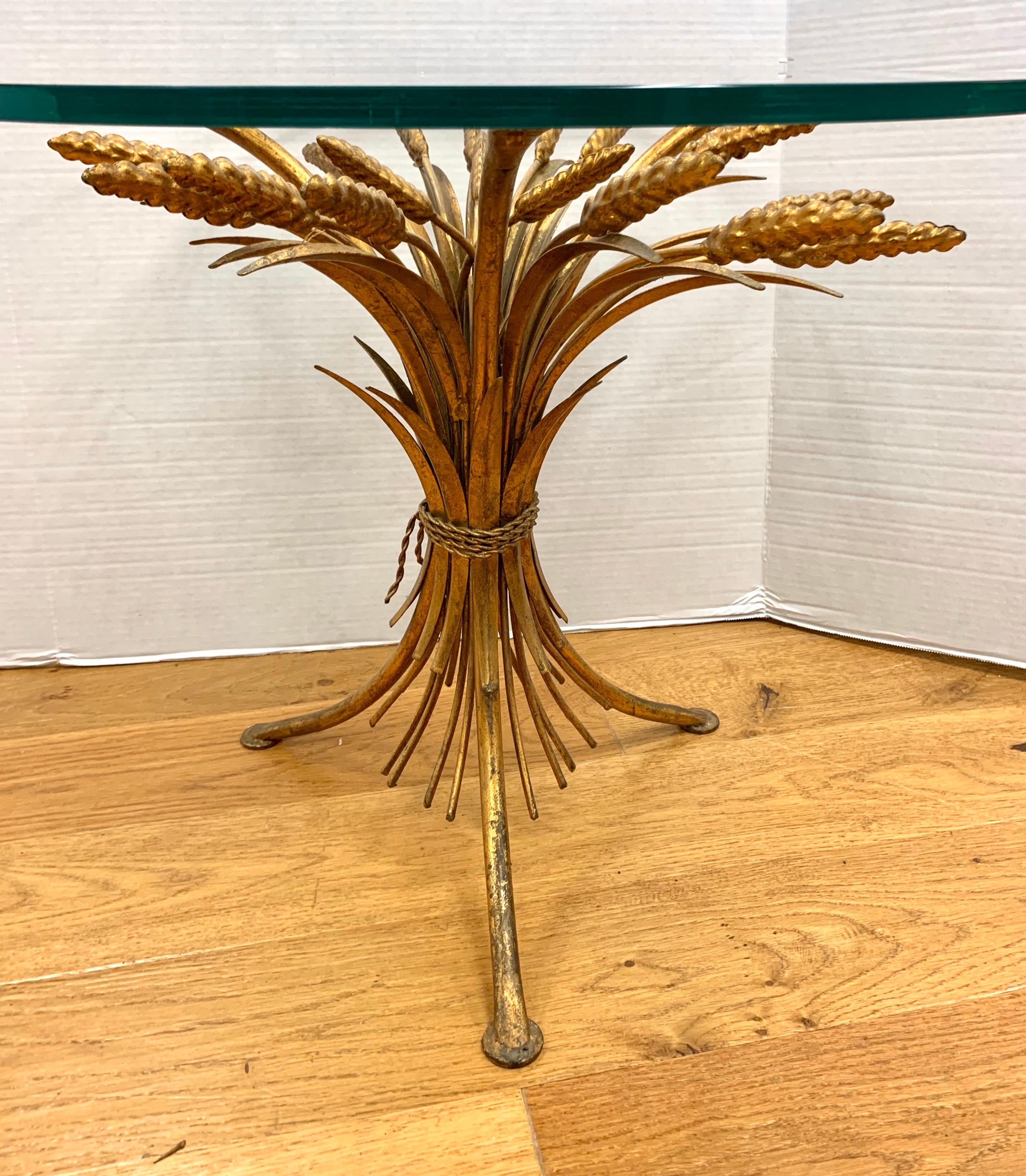 Midcentury Gold Gilt Wheat Sheath Table with Glass Top In Good Condition In West Hartford, CT