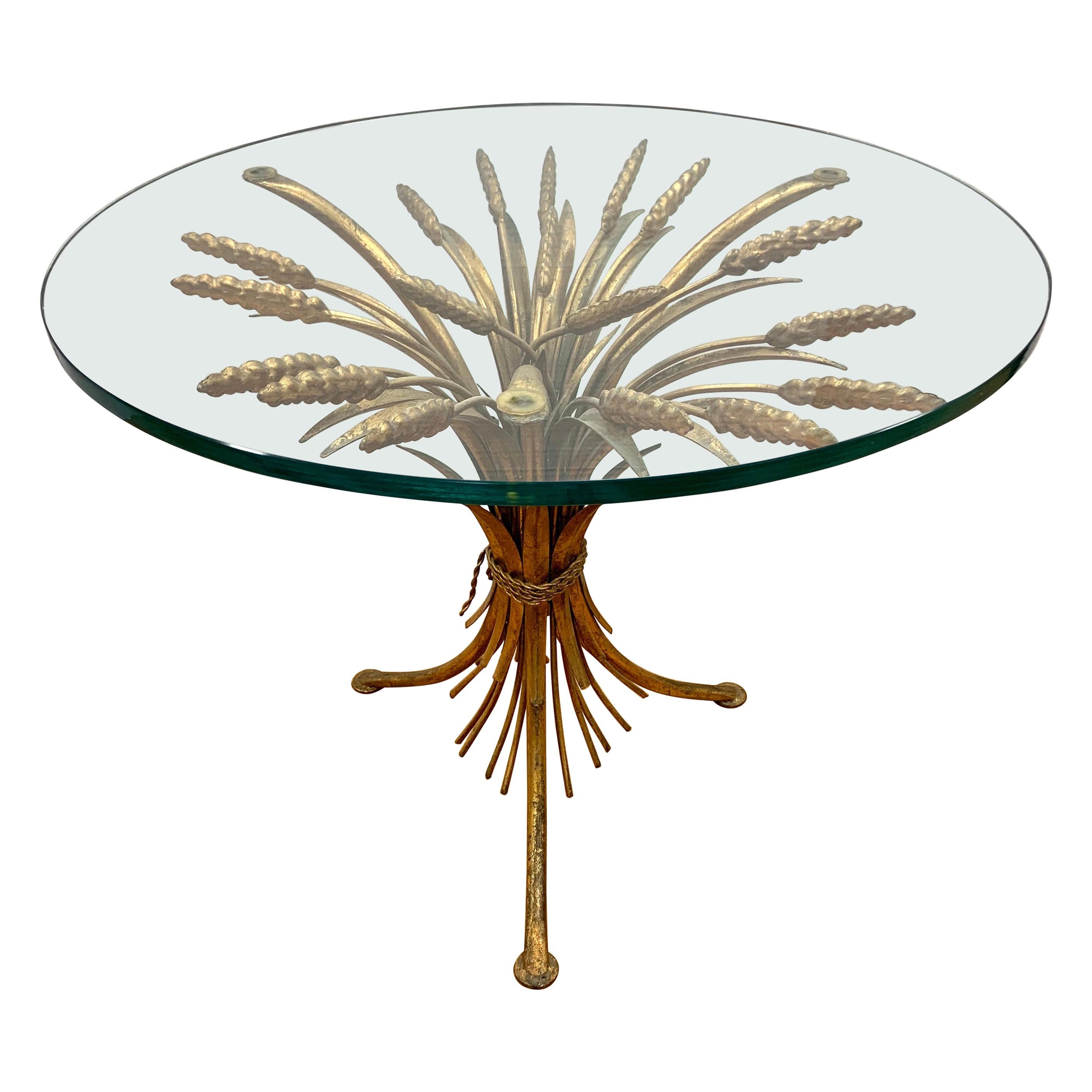 Midcentury Gold Gilt Wheat Sheath Table with Glass Top