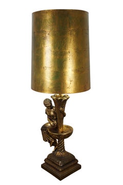 Mid Century Gold Hollywood Regency Figural Girl Fountain Chalkware Lamp 46"