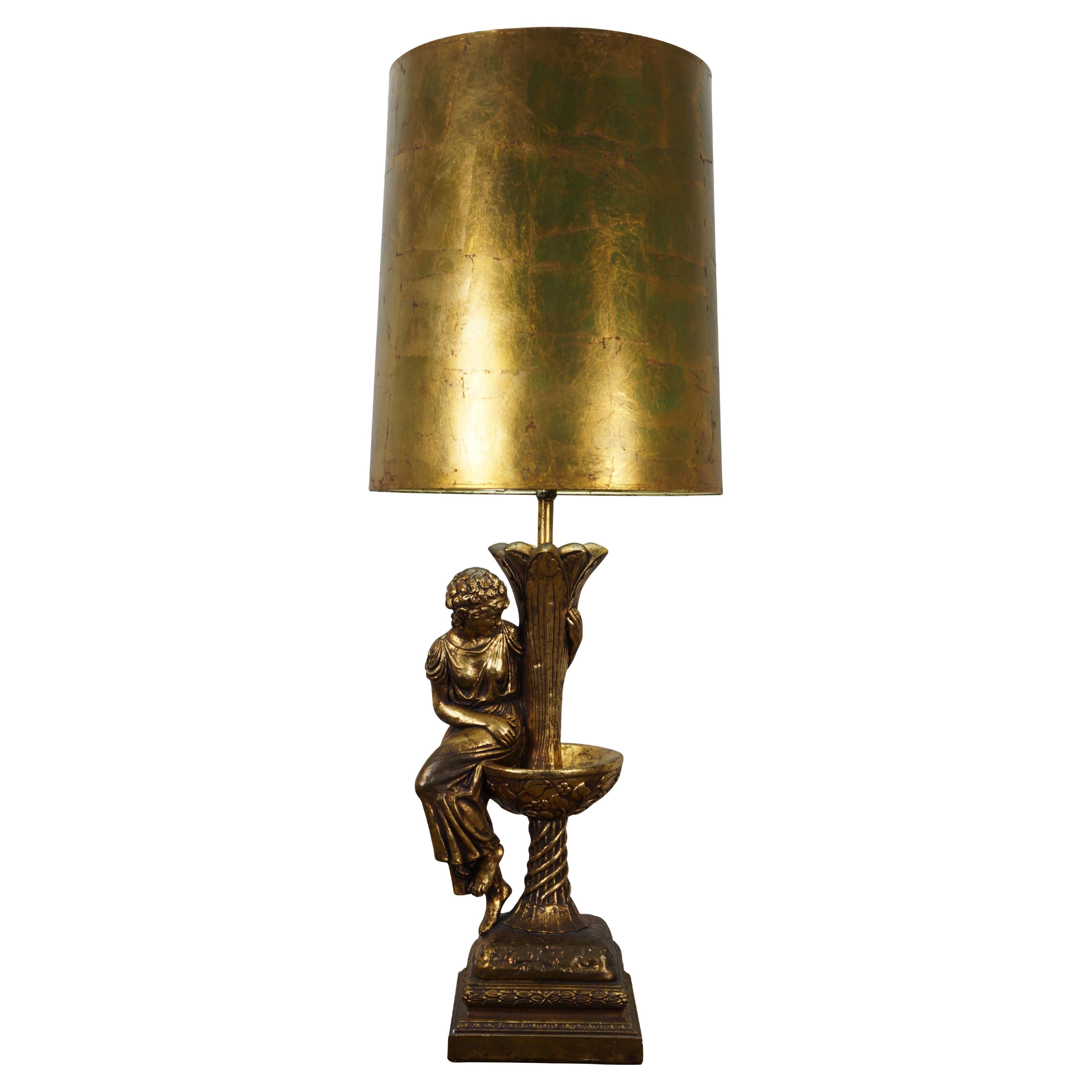 Mid Century Gold Hollywood Regency Figural Girl Fountain Chalkware Lamp 46" For Sale