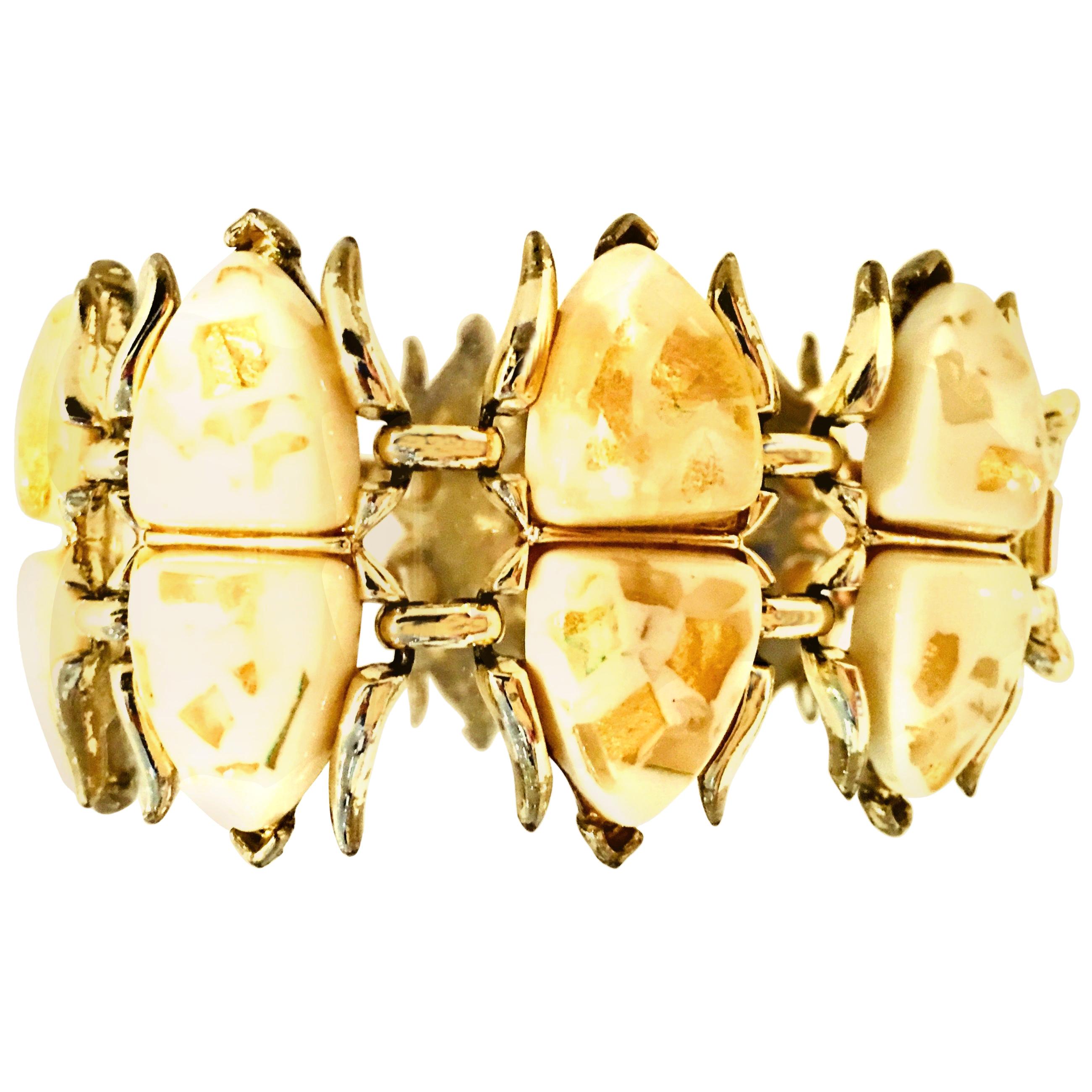 Mid-Century Gold, Lucite Confetti "Scarab" Link Bracelet By, Coro For Sale