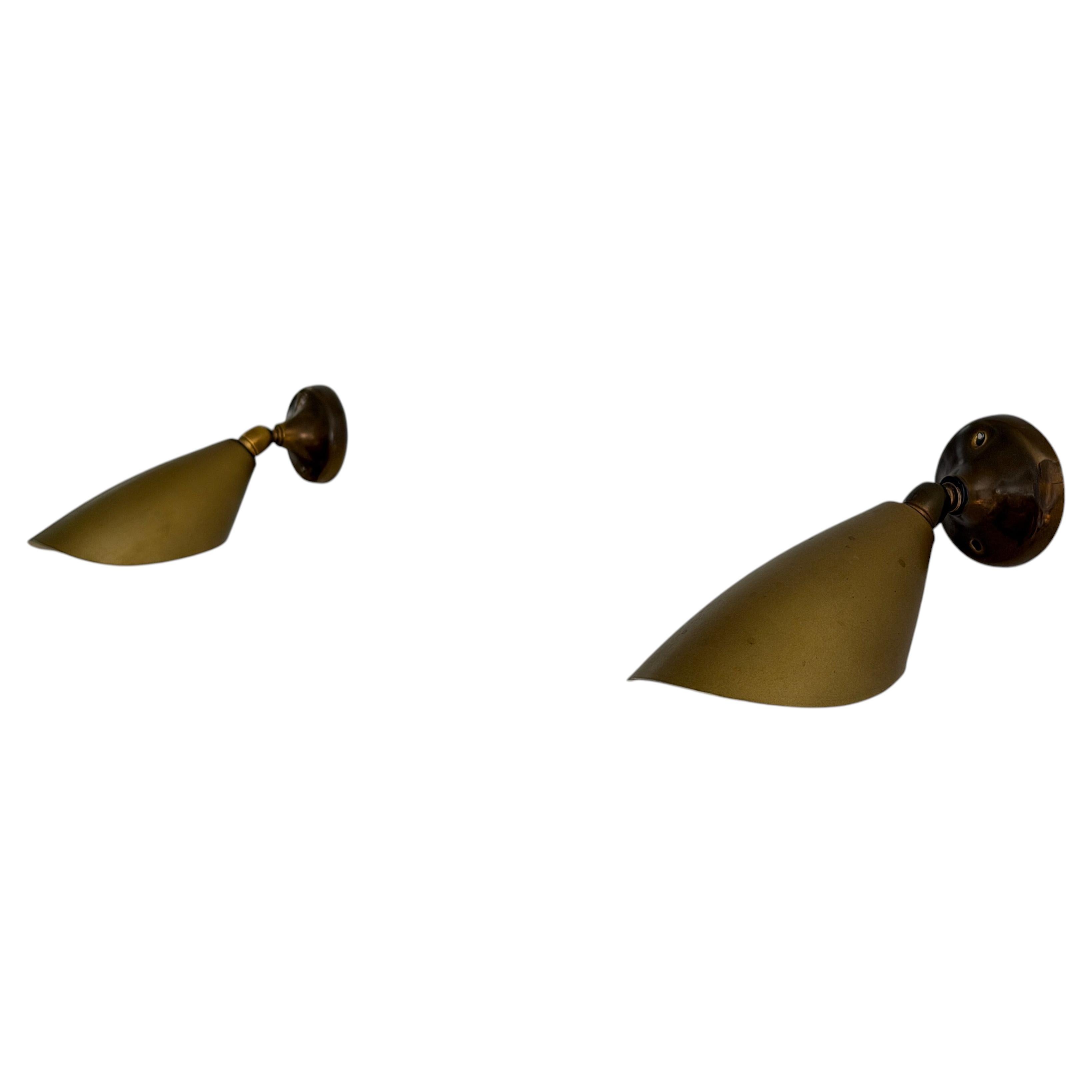 Mid-Century Aged Brass and Metal Pair of Wall Lamps, 1960s, Italy