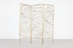 Mid-Century Gold Metal Folding Screen with Swirl Motif and Holders