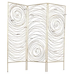 Mid-Century Gold Metal Folding Screen with Swirl Motif and Holders