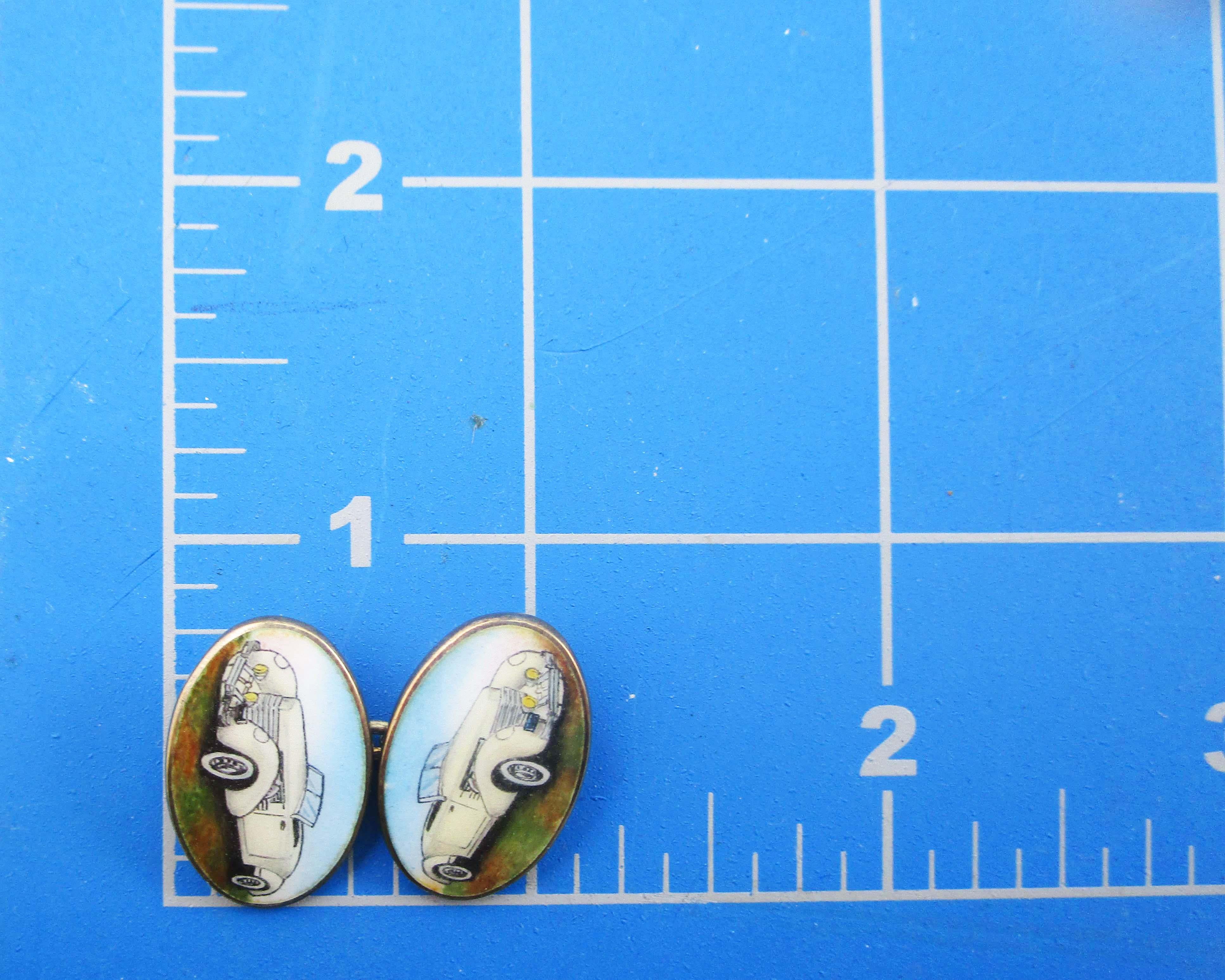 Midcentury Gold over Sterling Hand Painted Dusenberg Cufflinks For Sale 4