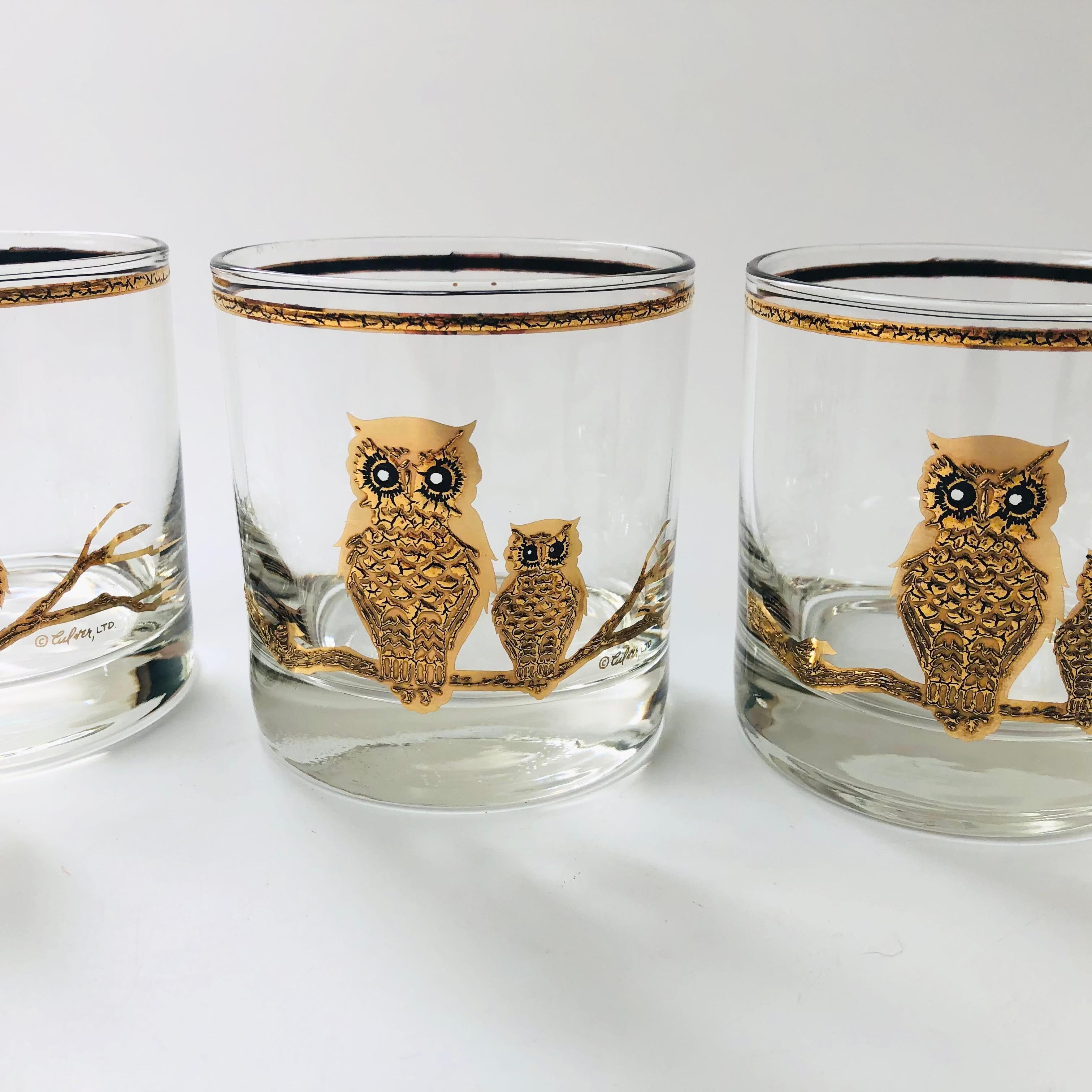 Mid Century Gold Owl Tumblers by Culver - Set of 4 In Good Condition In Vallejo, CA