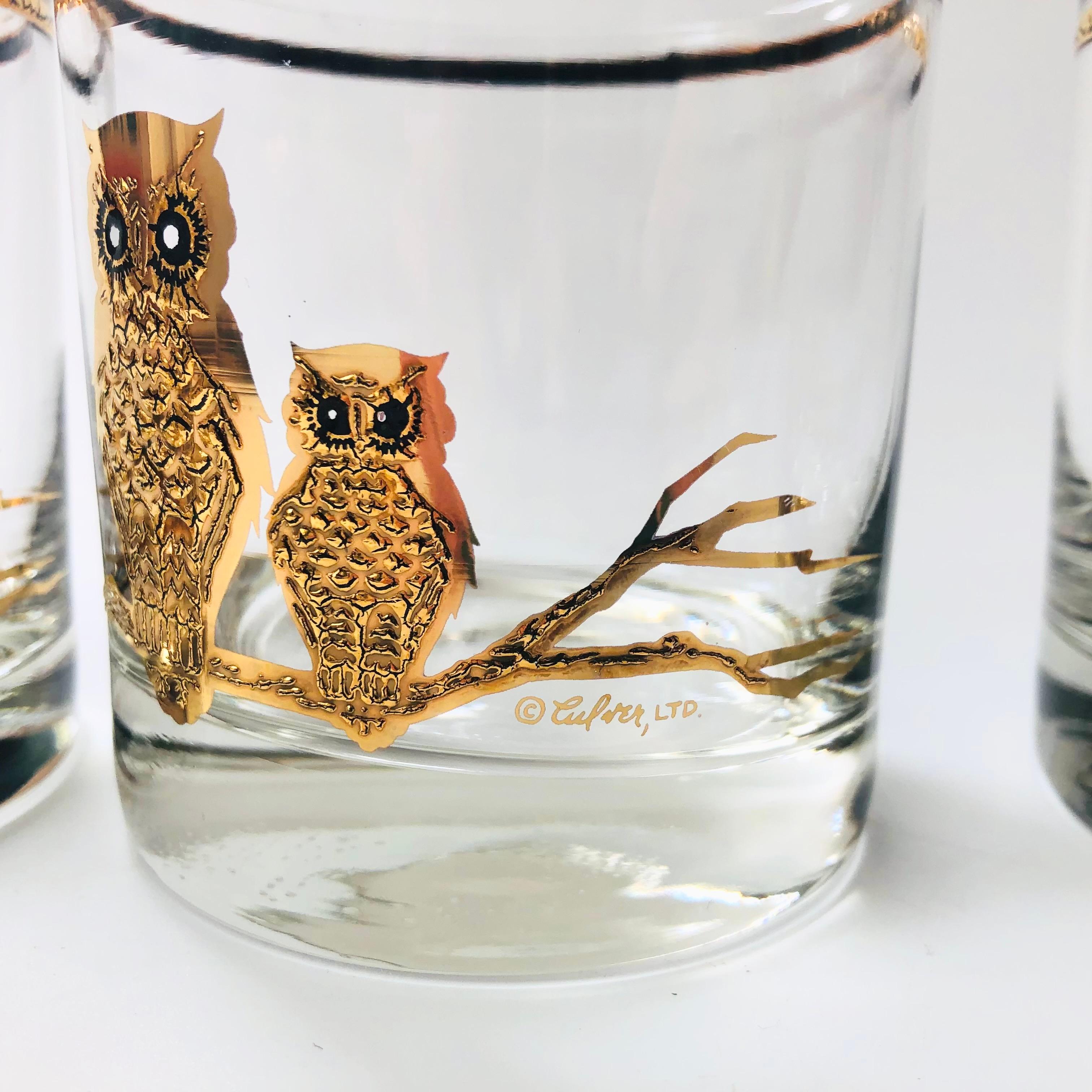 Glass Mid Century Gold Owl Tumblers by Culver - Set of 4