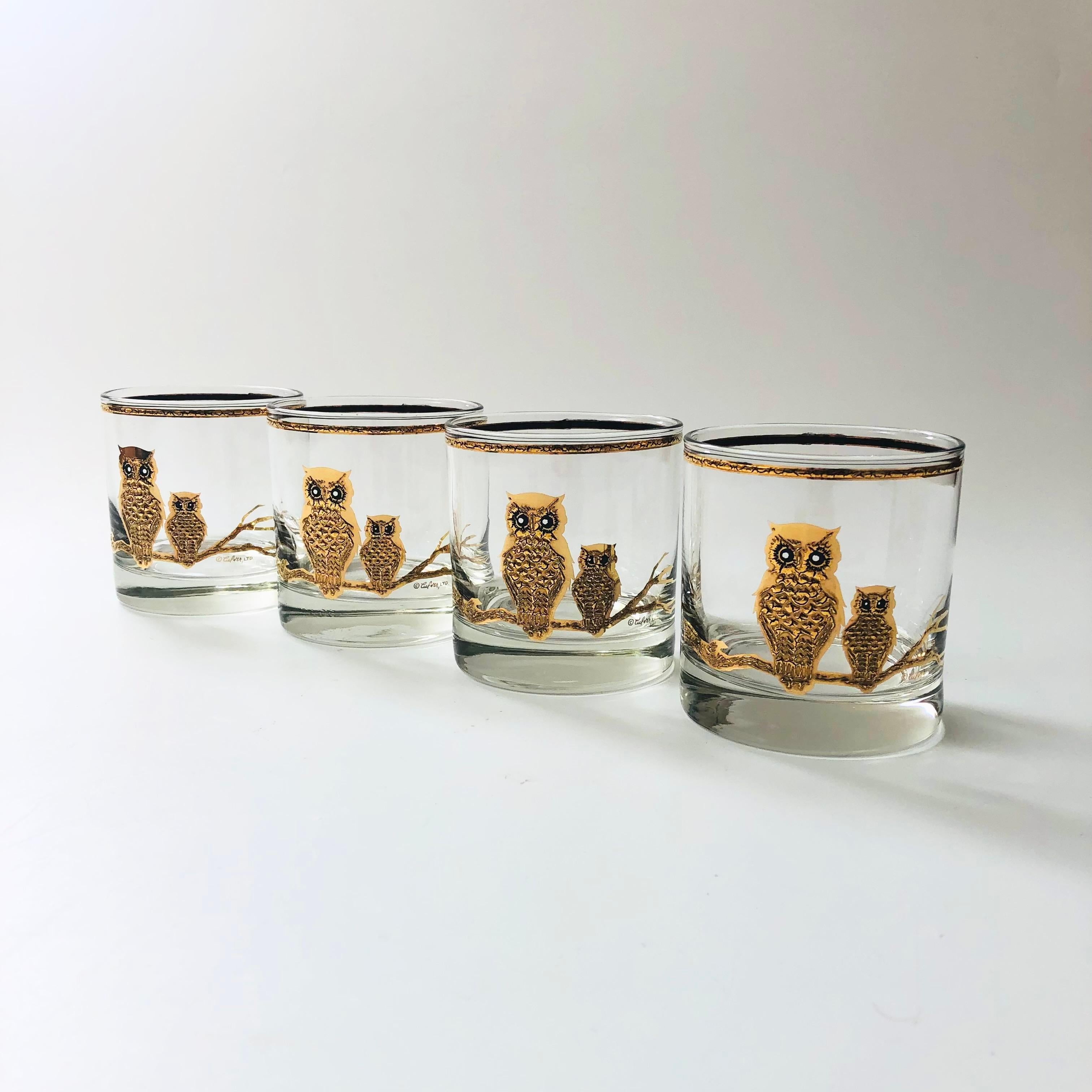 Mid Century Gold Owl Tumblers by Culver - Set of 4 3