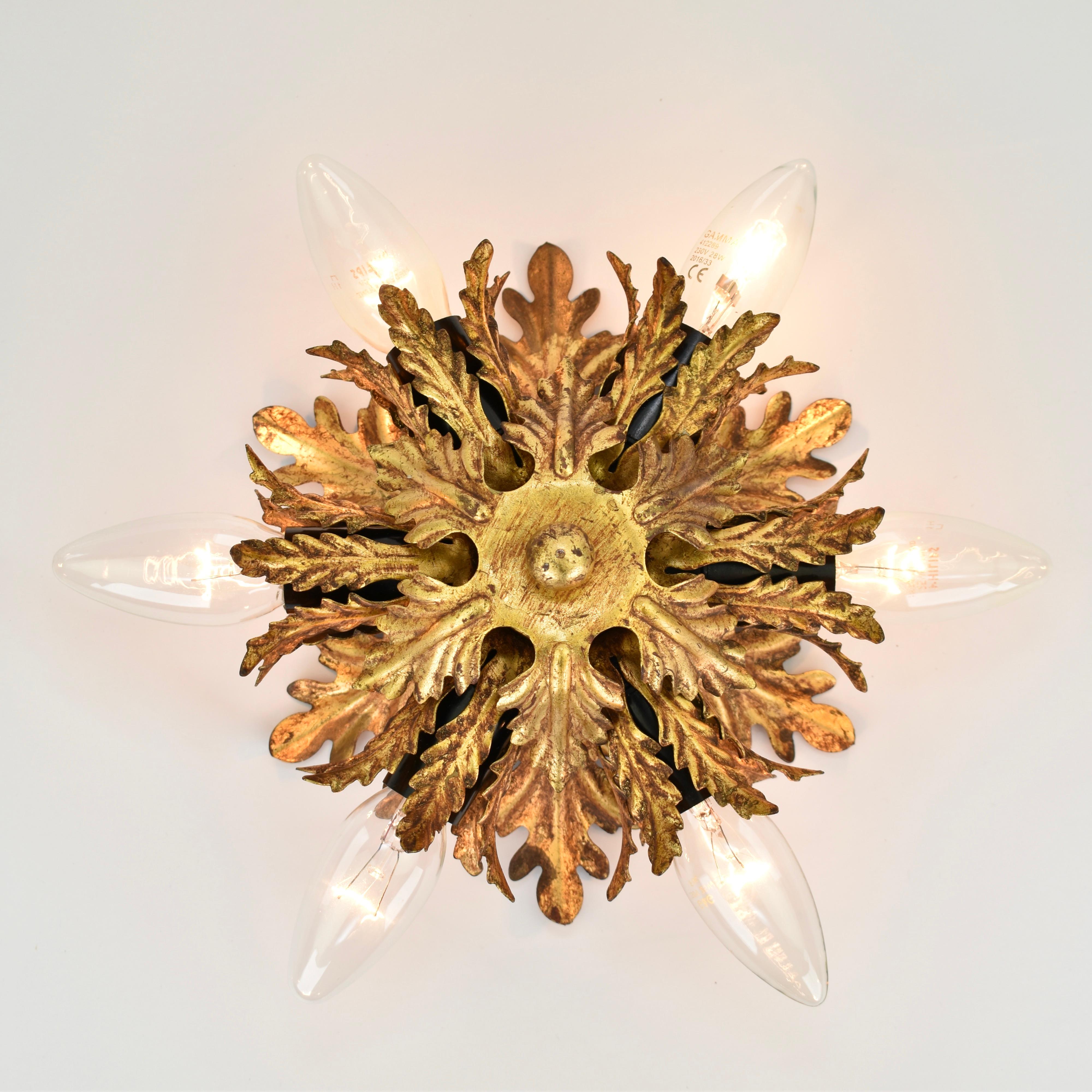 Hollywood Regency Mid Century Gold  Palm Leaf Flush Mount by Banci Firenze For Sale