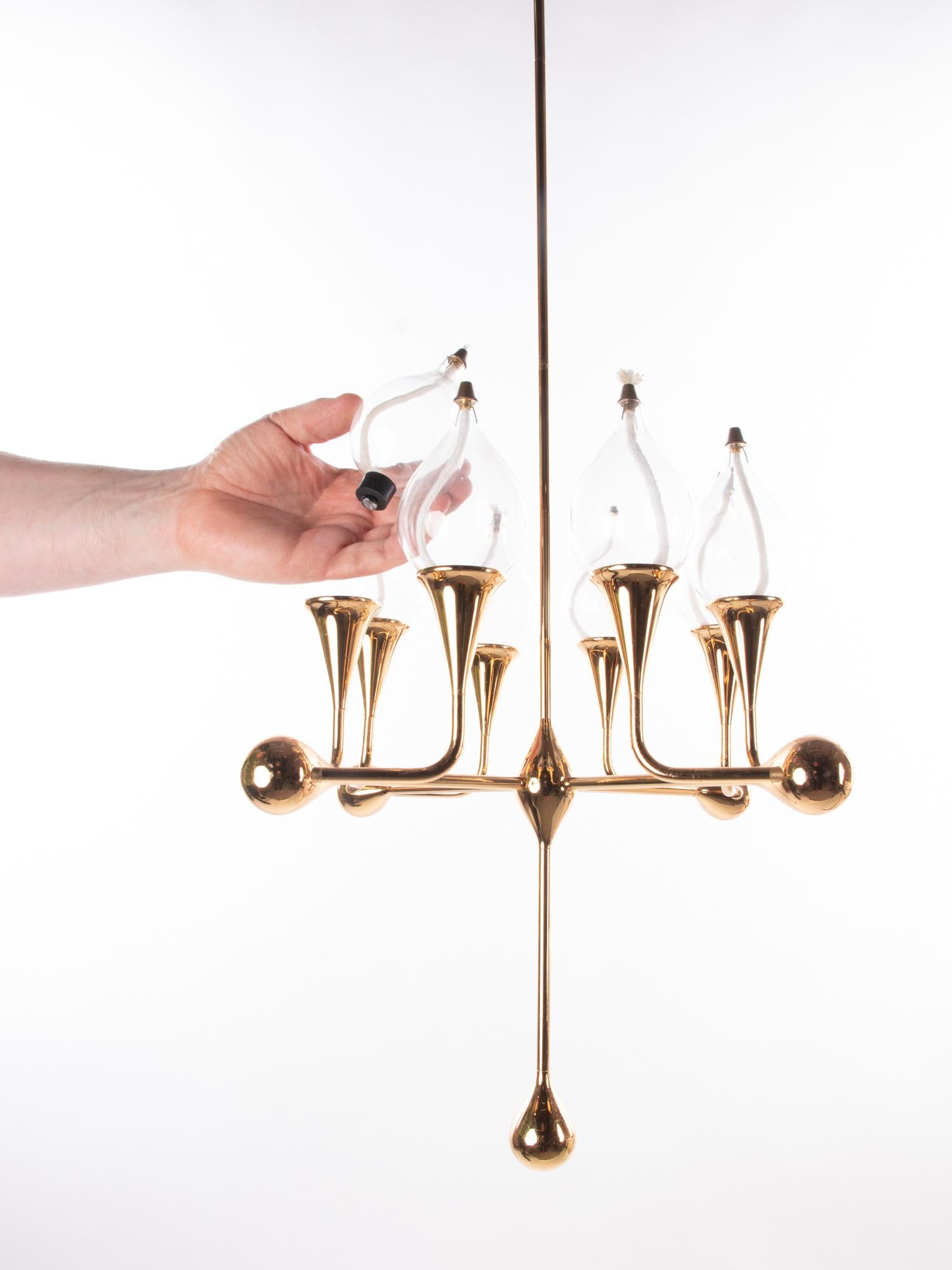 Hand-Crafted Mid-Century Gold Plated Oil Candelabra Chandelier by Freddie Andersen, 1970s For Sale