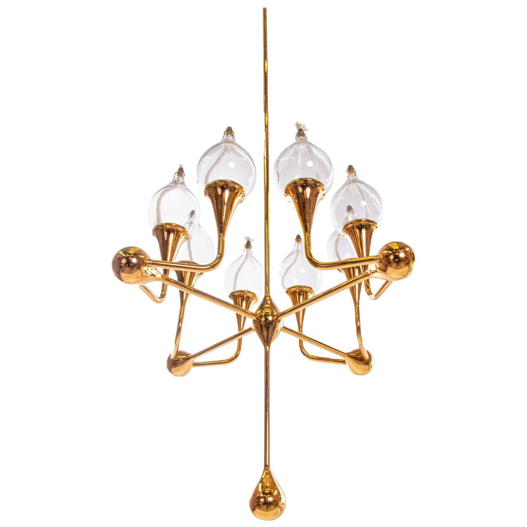 Mid-Century Gold Plated Oil Candelabra Chandelier by Freddie Andersen, 1970s For Sale