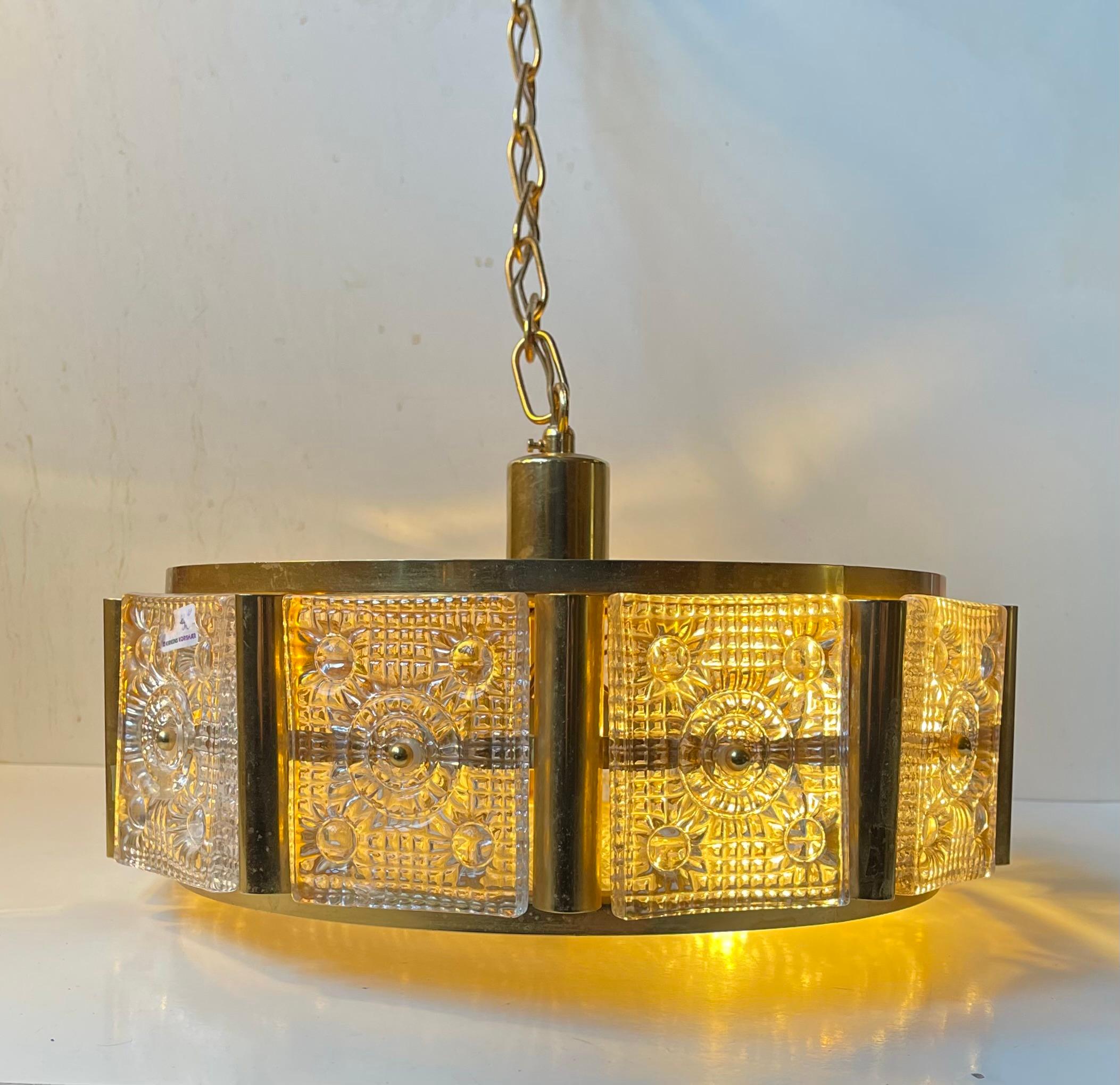 Mid-Century Modern Mid-century Gold Plated Orrefors Crystal Pendant Ceiling Lamp by Carl Fagerlund For Sale