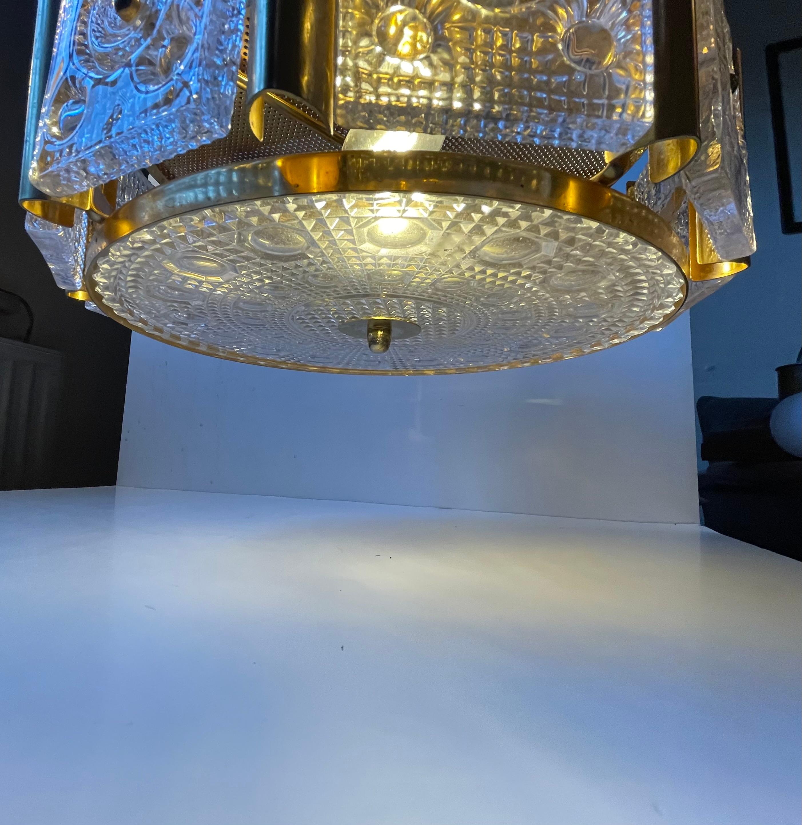 Swedish Mid-century Gold Plated Orrefors Crystal Pendant Ceiling Lamp by Carl Fagerlund For Sale