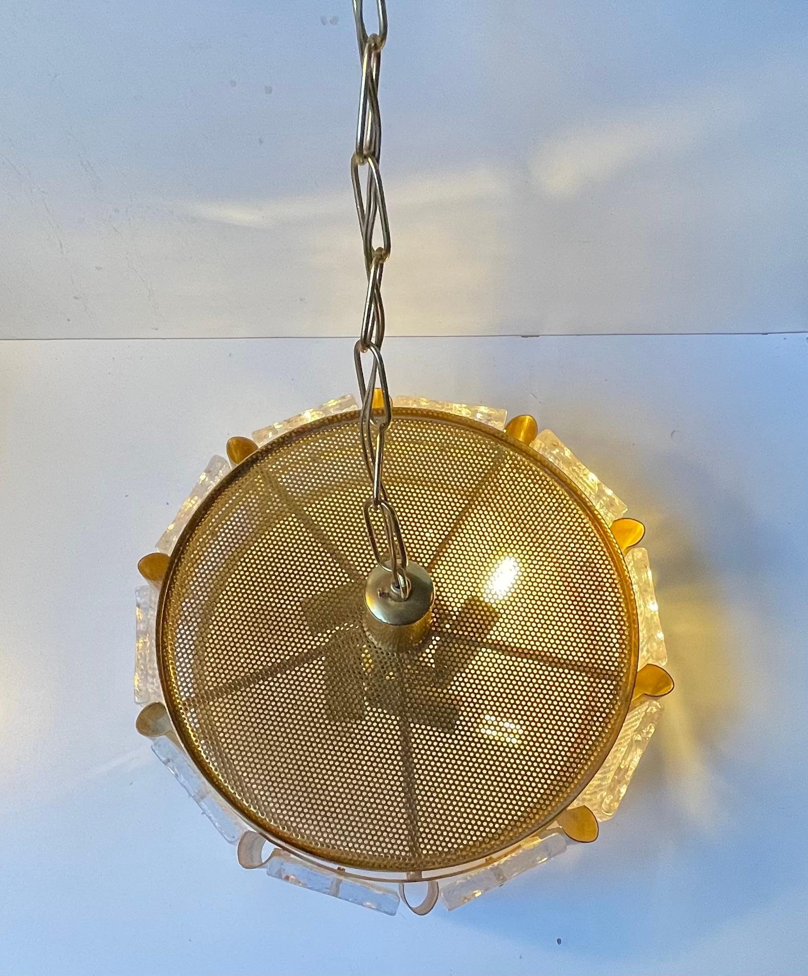 Mid-20th Century Mid-century Gold Plated Orrefors Crystal Pendant Ceiling Lamp by Carl Fagerlund For Sale