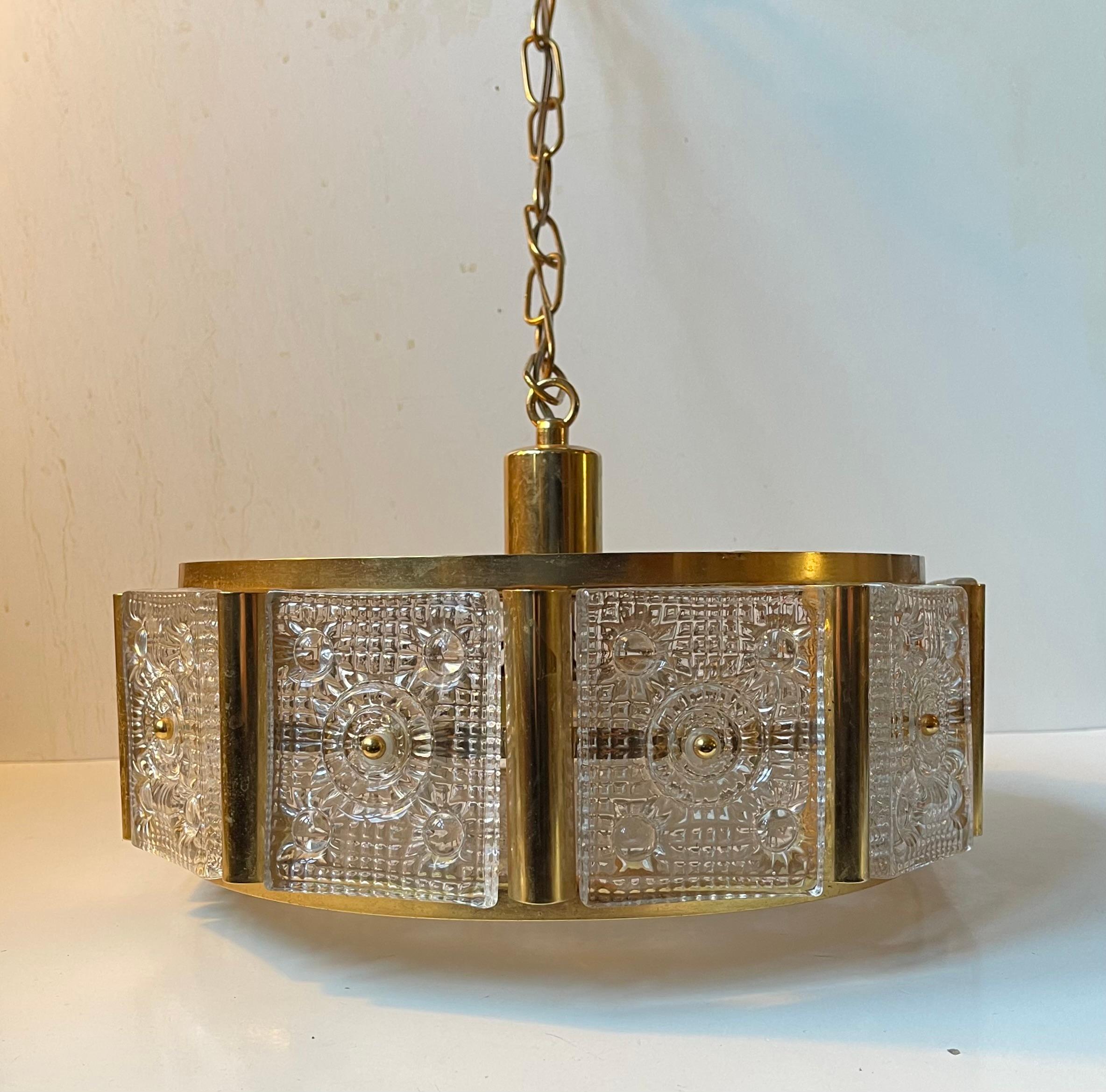 Metal Mid-century Gold Plated Orrefors Crystal Pendant Ceiling Lamp by Carl Fagerlund For Sale