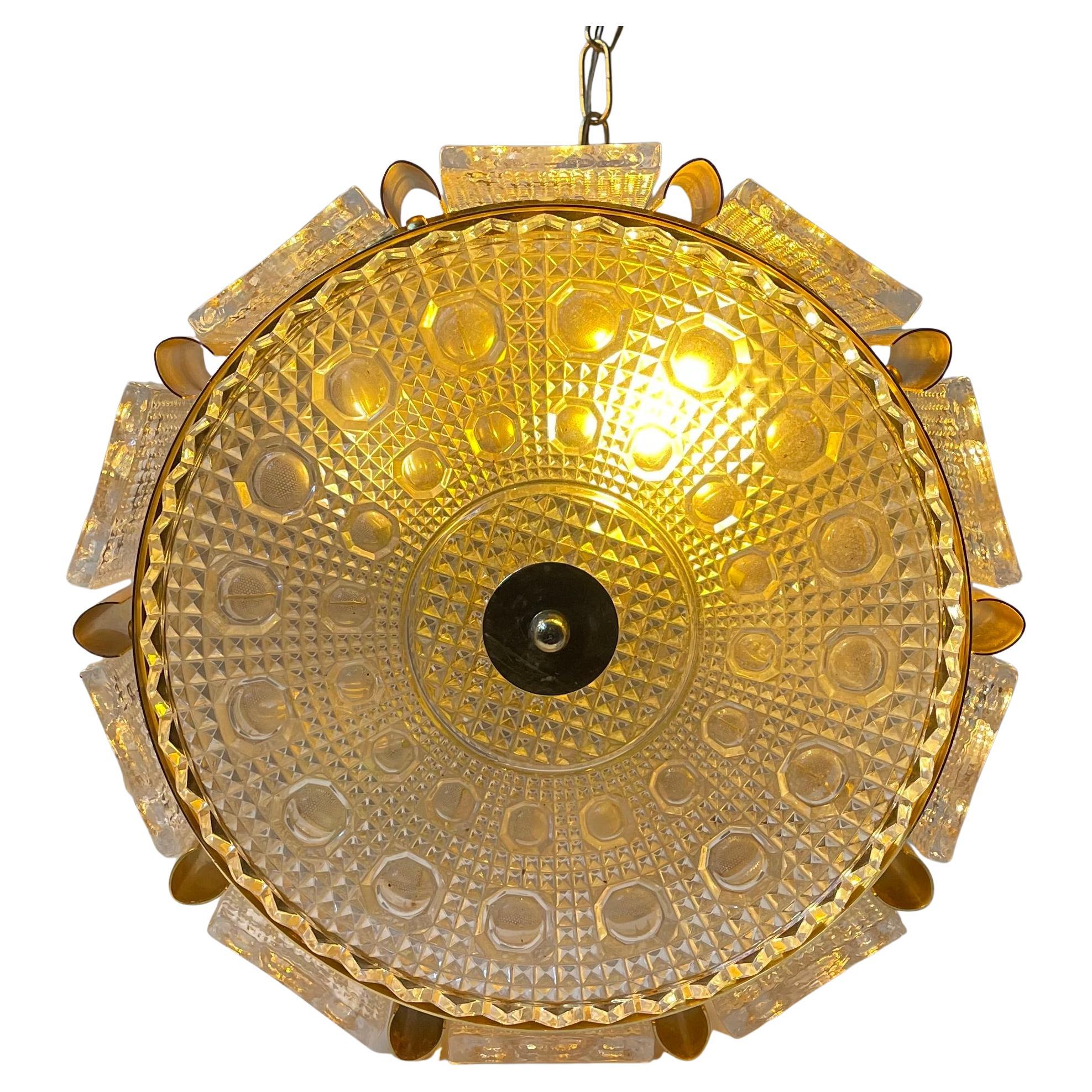 Mid-century Gold Plated Orrefors Crystal Pendant Ceiling Lamp by Carl Fagerlund For Sale