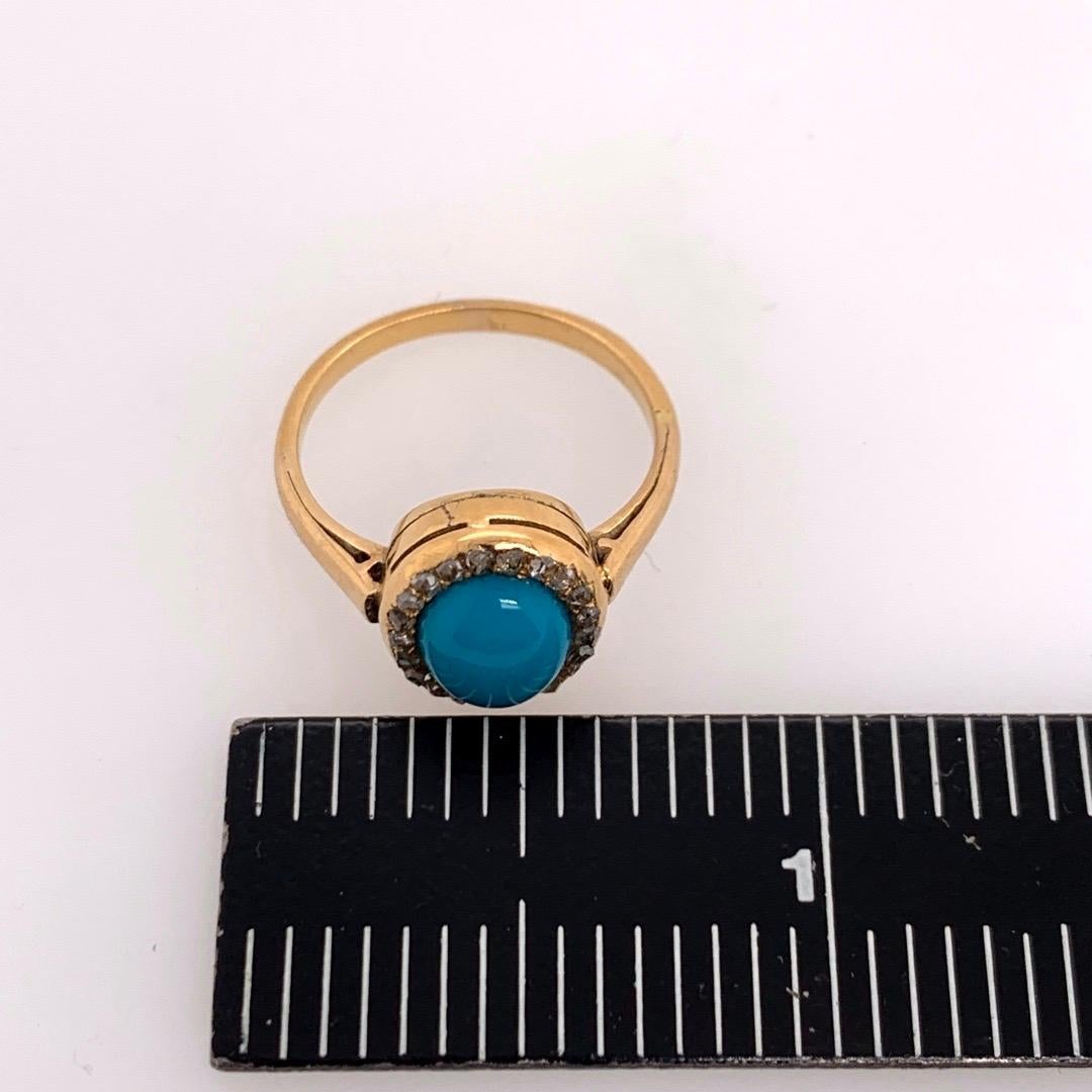 Midcentury Gold Ring Natural Persian Turquoise and Old Mine Diamond, circa 1950 For Sale 2