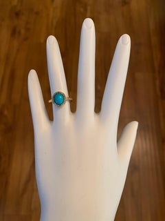 Midcentury Gold Ring Natural Persian Turquoise and Old Mine Diamond, circa 1950