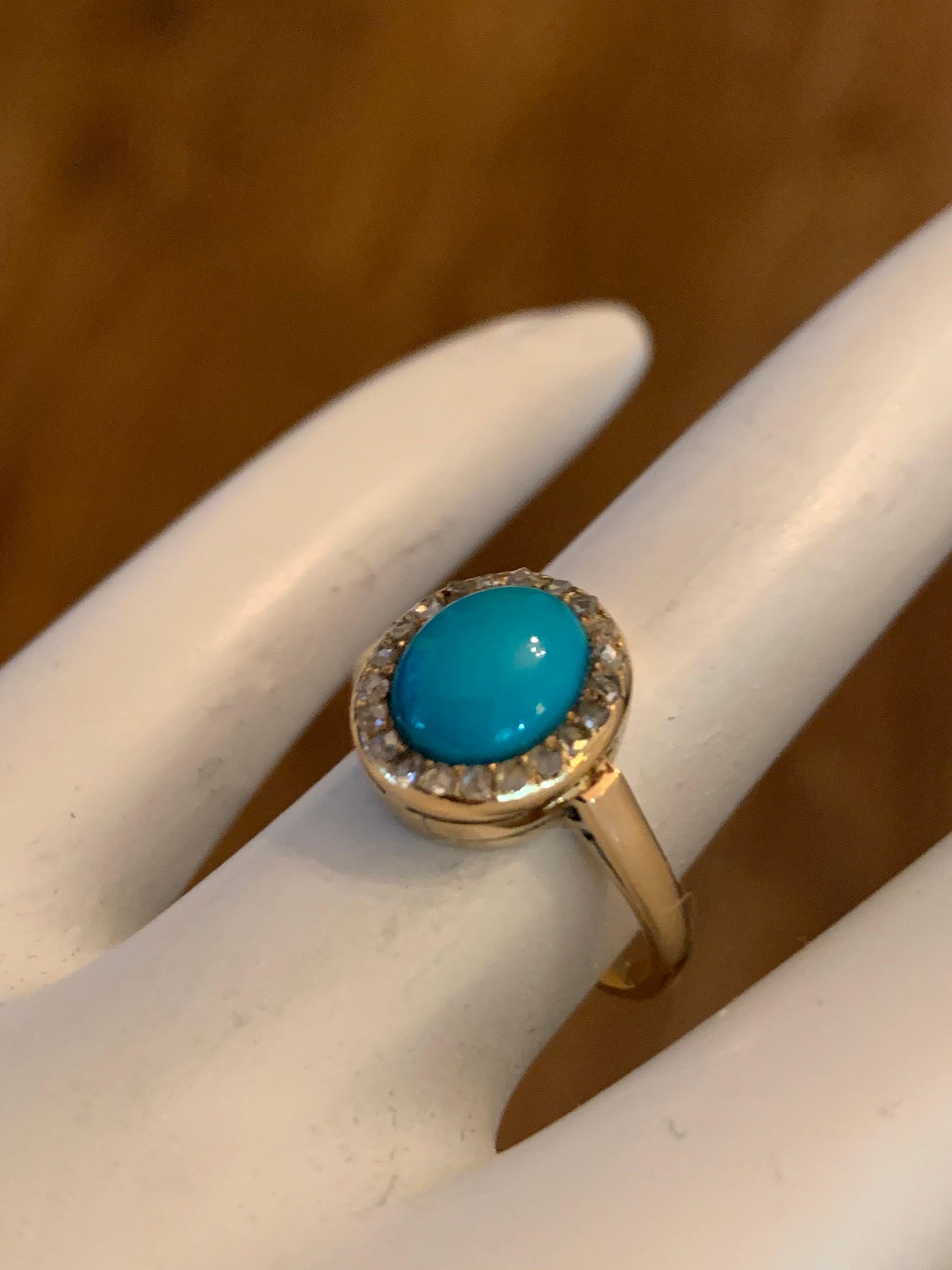 Retro Midcentury Gold Ring Natural Persian Turquoise and Old Mine Diamond, circa 1950 For Sale