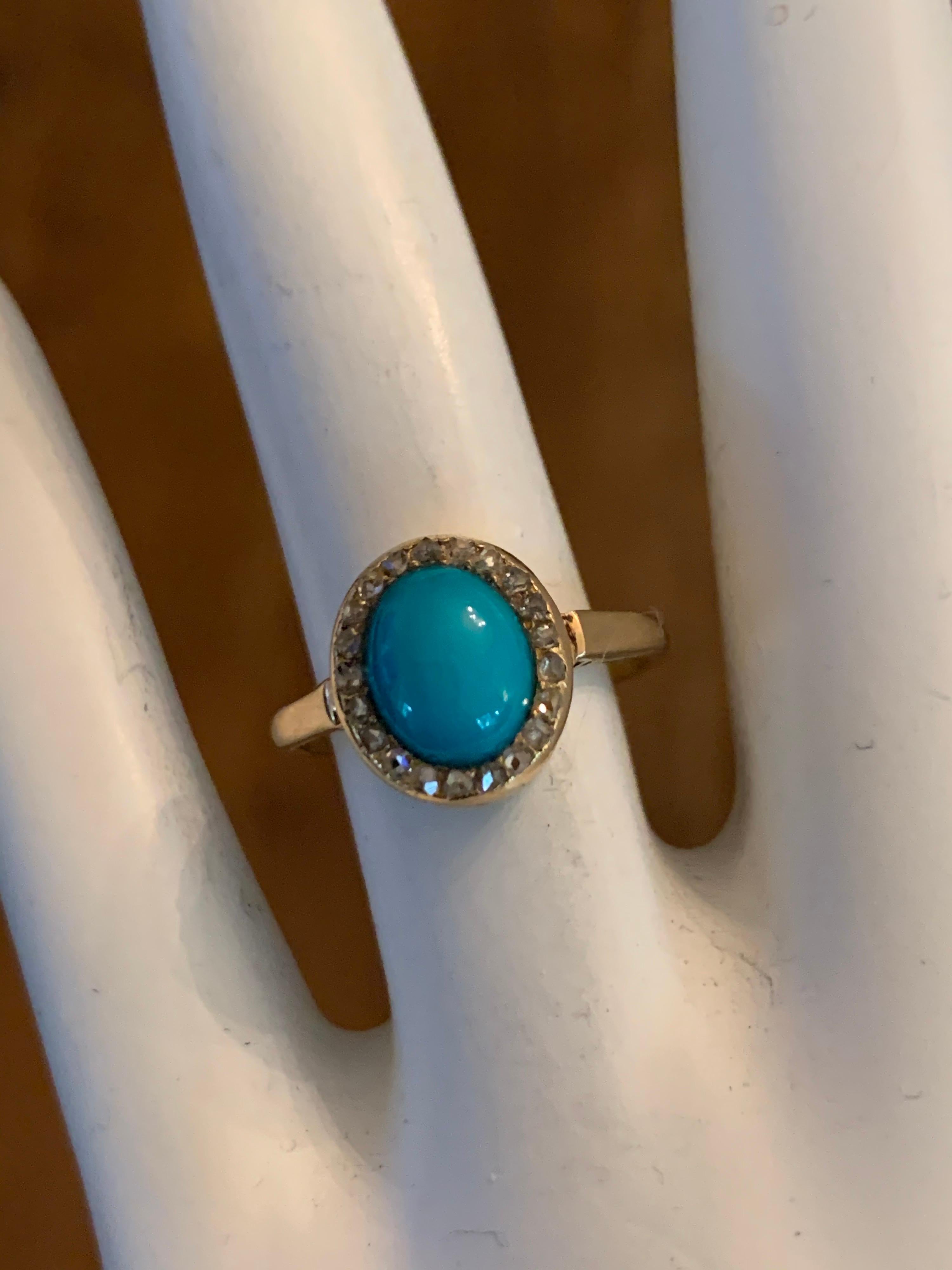 Old Mine Cut Midcentury Gold Ring Natural Persian Turquoise and Old Mine Diamond, circa 1950 For Sale