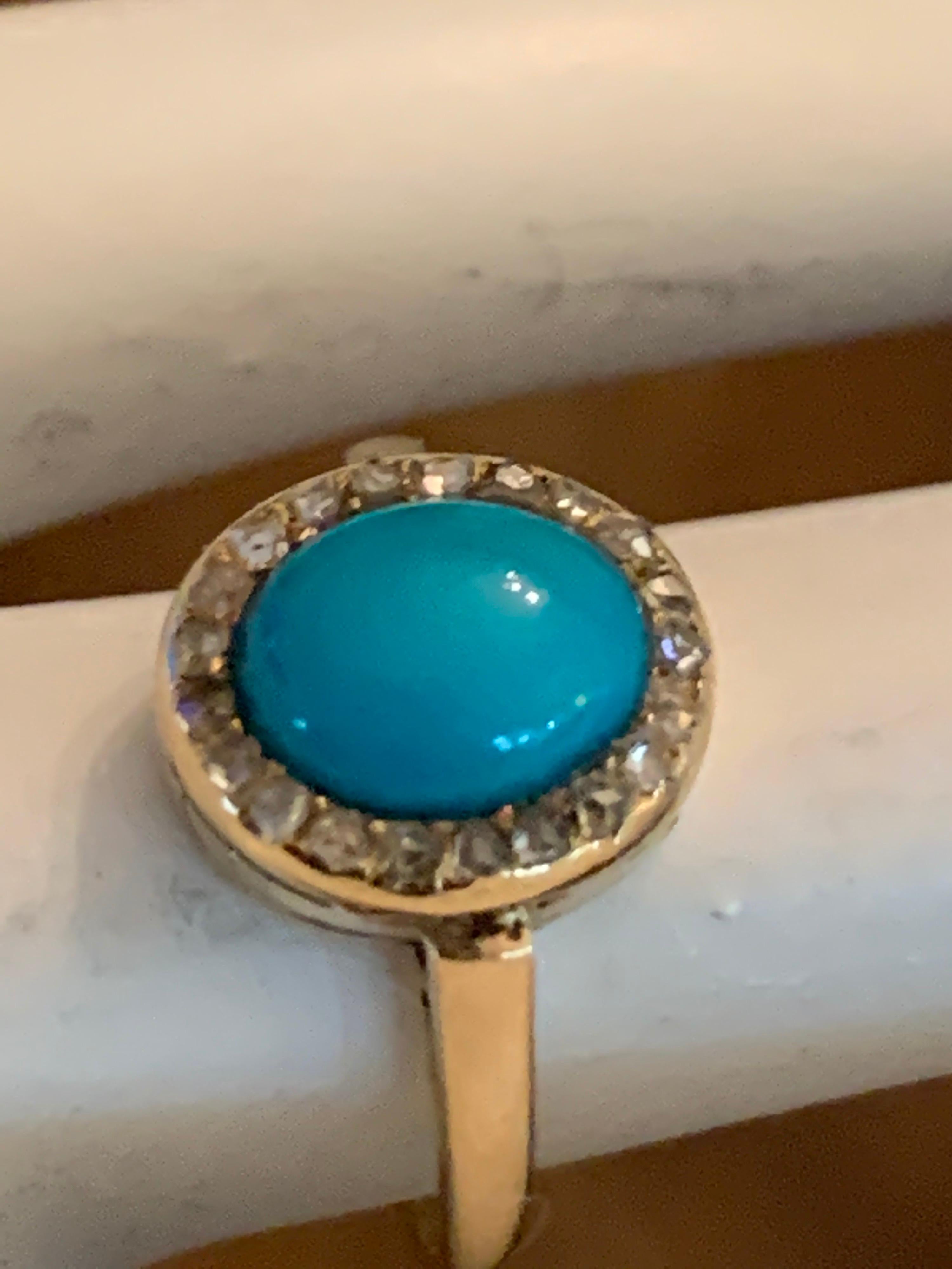 Midcentury Gold Ring Natural Persian Turquoise and Old Mine Diamond, circa 1950 In Good Condition For Sale In Los Angeles, CA