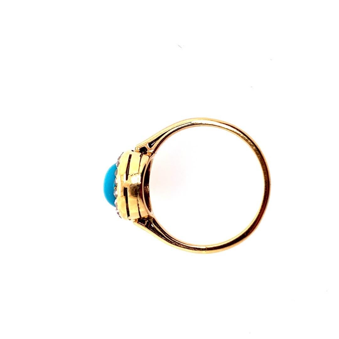 Women's Midcentury Gold Ring Natural Persian Turquoise and Old Mine Diamond, circa 1950 For Sale