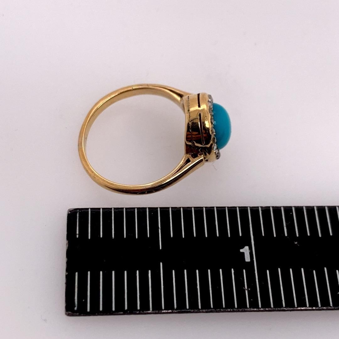 Midcentury Gold Ring Natural Persian Turquoise and Old Mine Diamond, circa 1950 For Sale 1