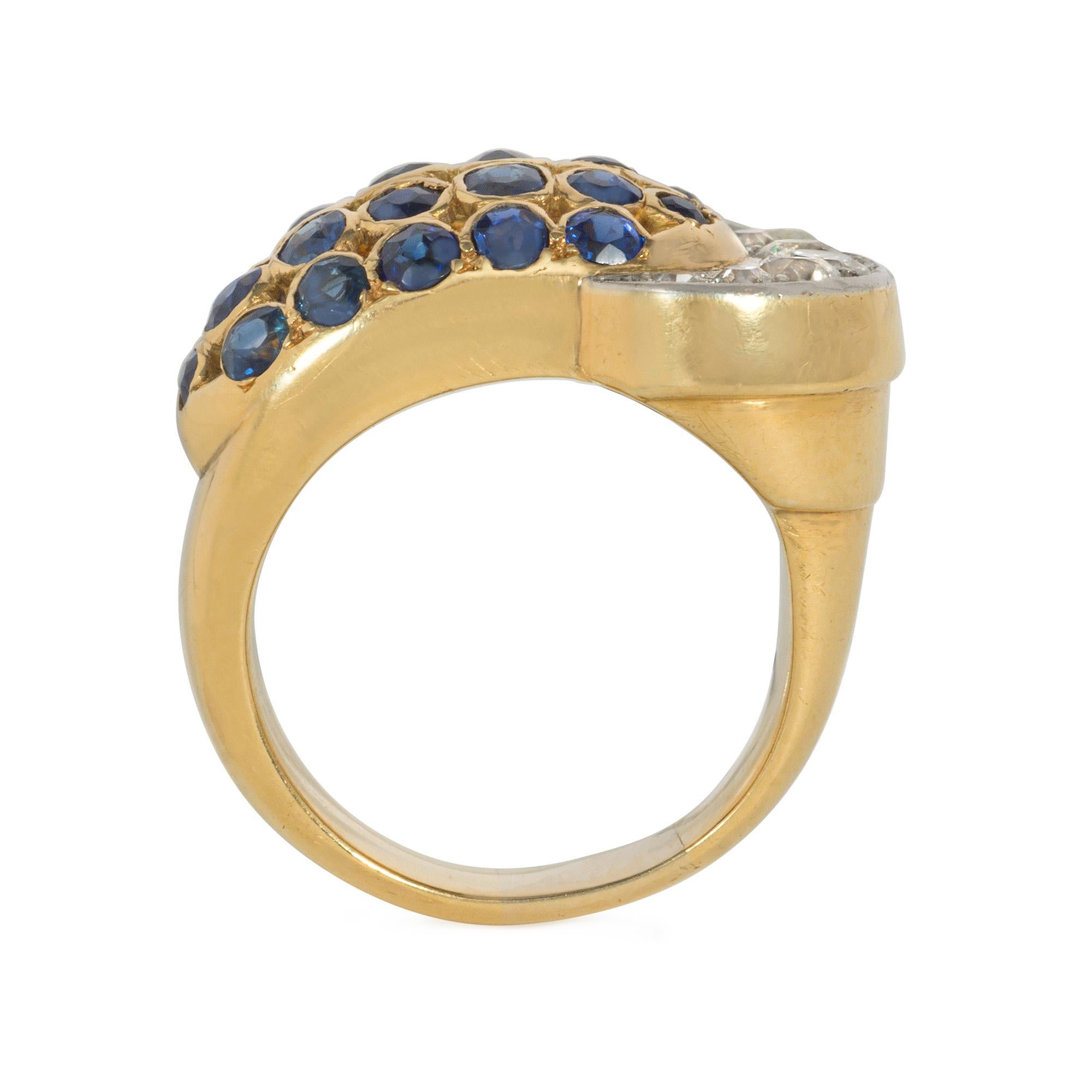 Retro Mid-Century Gold, Sapphire, and Diamond Ring of Stylized Belt Buckle Design For Sale