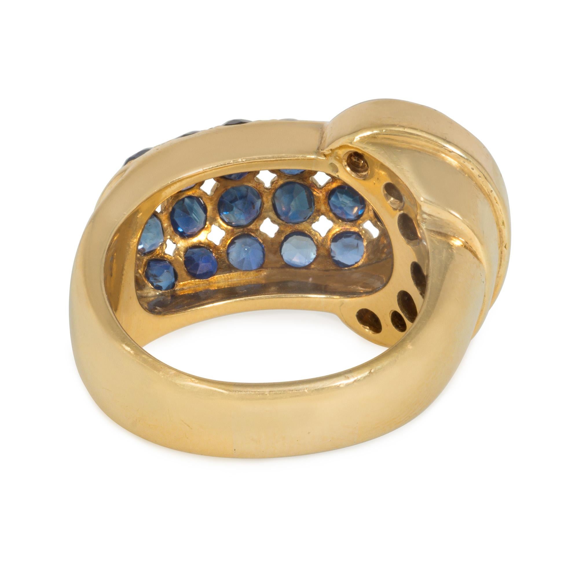 Round Cut Mid-Century Gold, Sapphire, and Diamond Ring of Stylized Belt Buckle Design For Sale