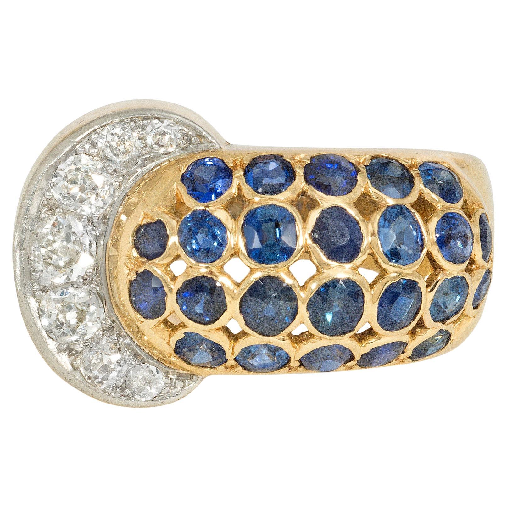 Mid-Century Gold, Sapphire, and Diamond Ring of Stylized Belt Buckle Design For Sale