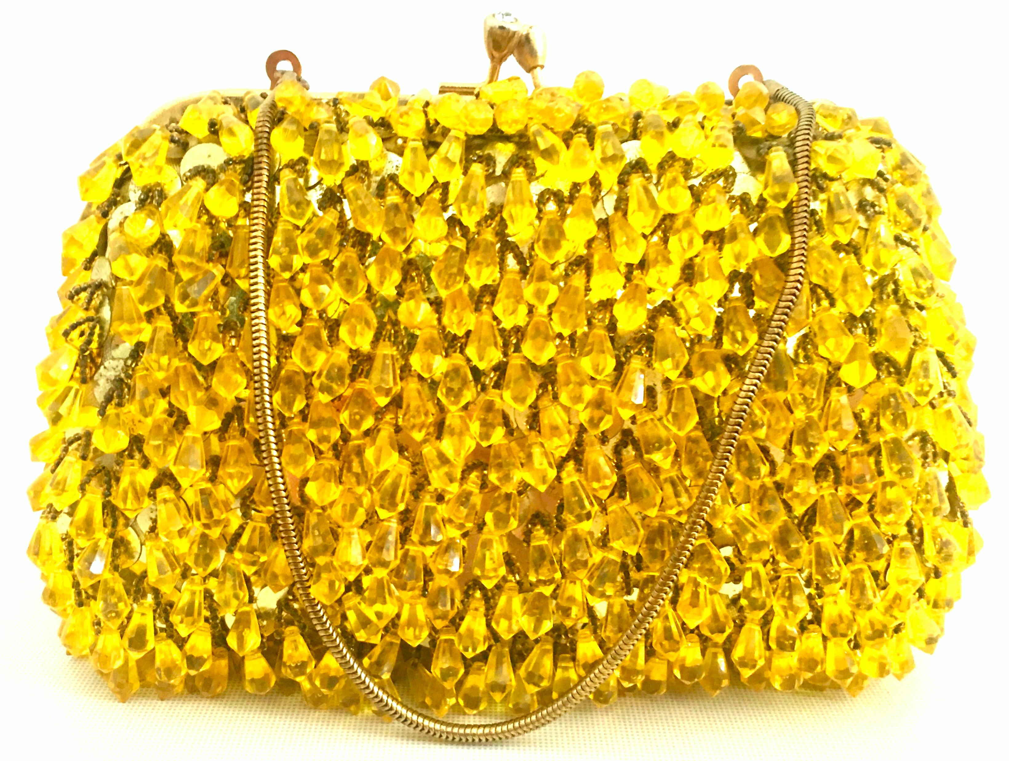 Mid-Century Gold Sequin & Hanging Bead Evening Bag By Walborg-Hong Kong. This coveted and rare evening bag features a hard case shell with hand sewn gold sequins at its base covering and cut and faceted Citrine Lucite chandelier style hanging beads.