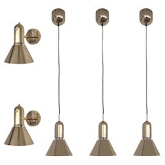 Mid-Century Gold Set of Three Chandeliers and Two Wall Sconces by Estiluz, 1970s