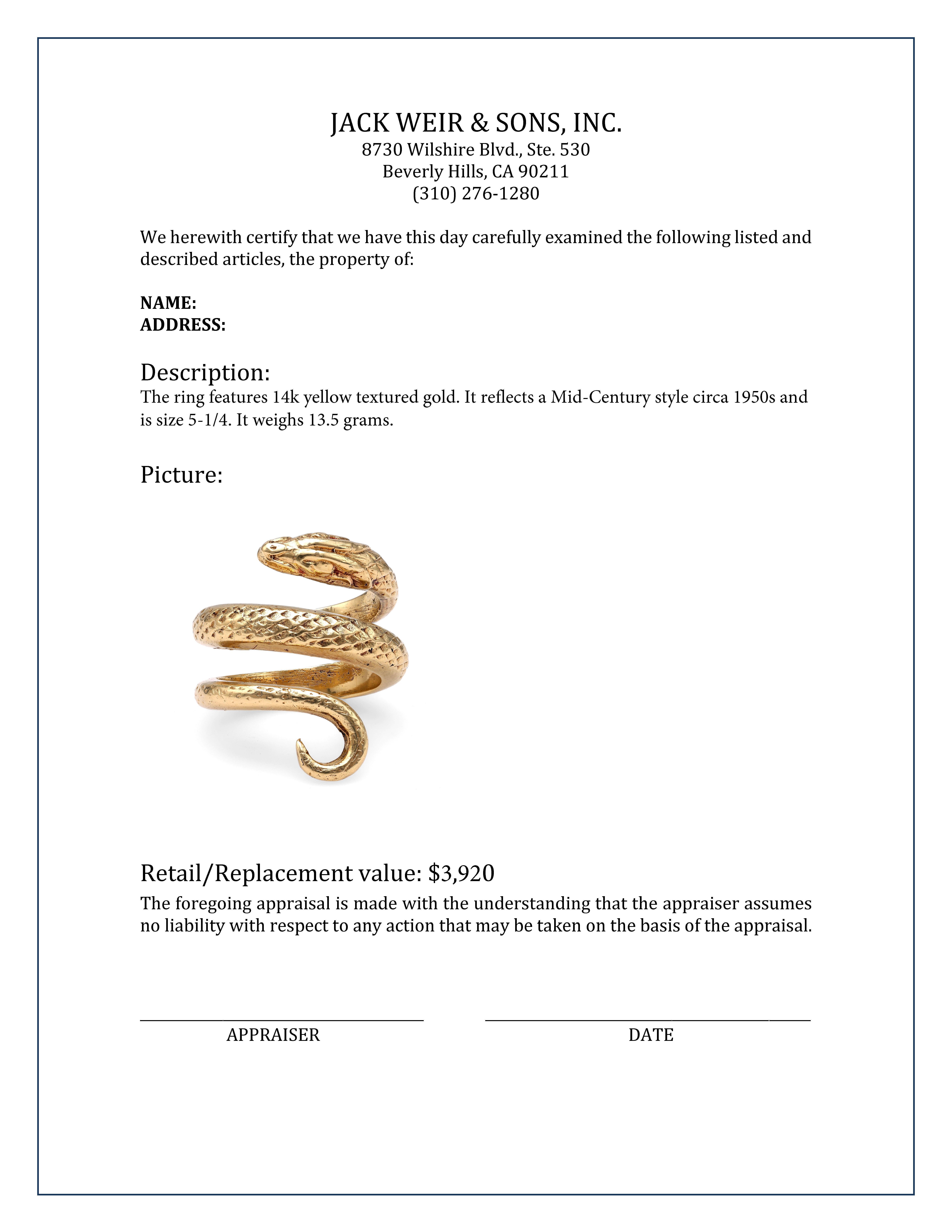 Mid-Century Gold Snake Ring For Sale 1