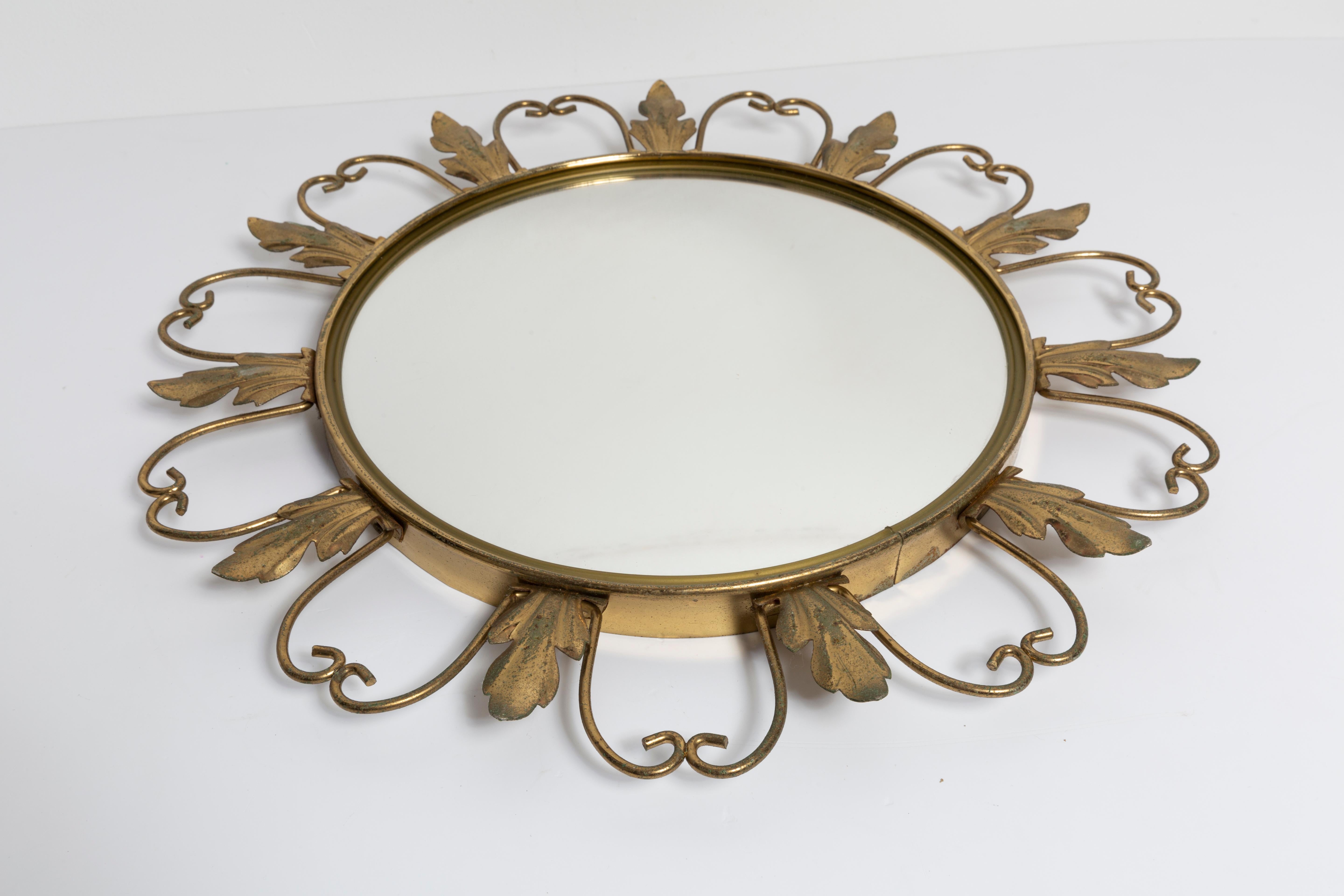 20th Century Mid Century Gold Sunburst Mirror, Metal, Belgium, 1960s For Sale