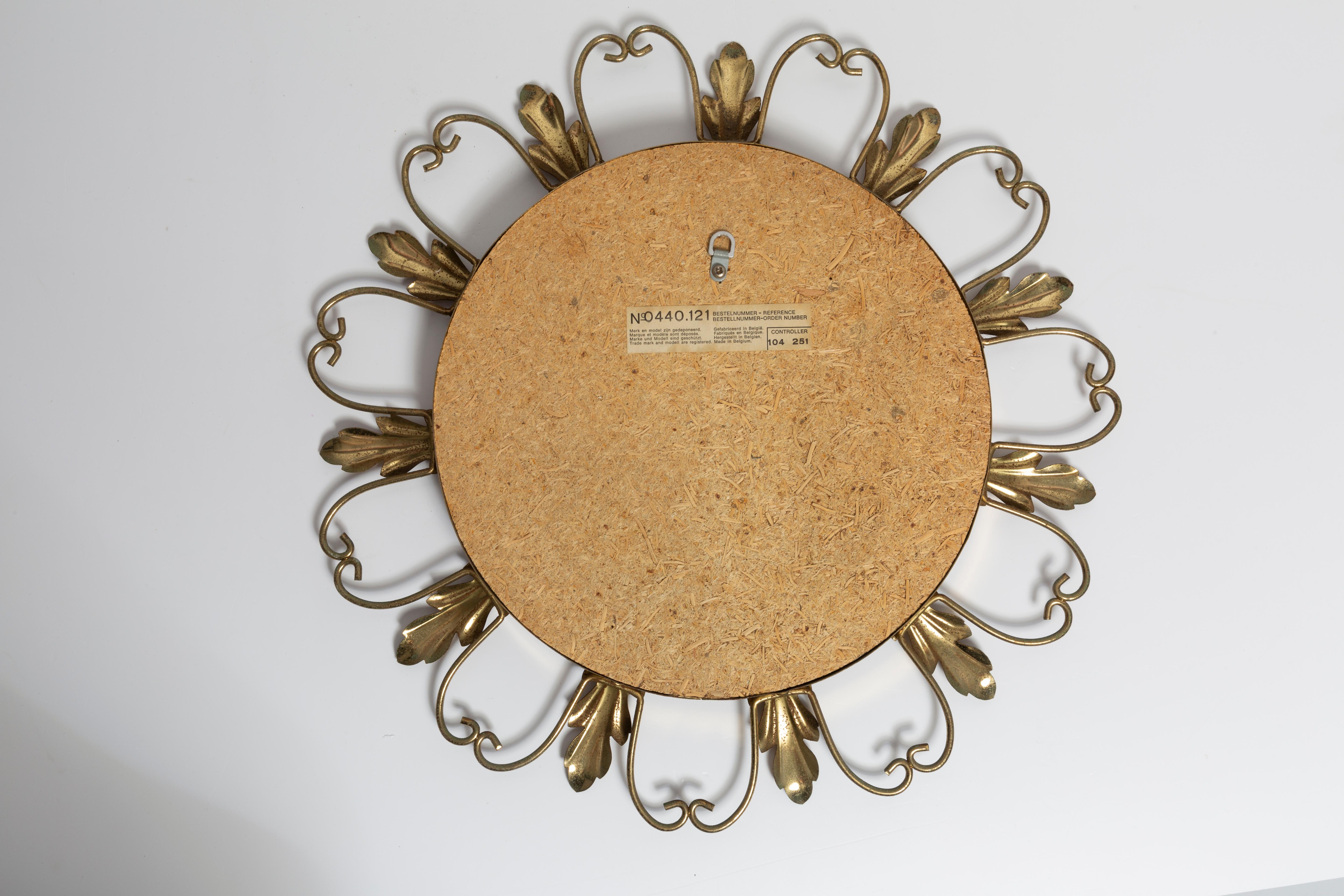 Mid Century Gold Sunburst Mirror, Metal, Belgium, 1960s For Sale 1