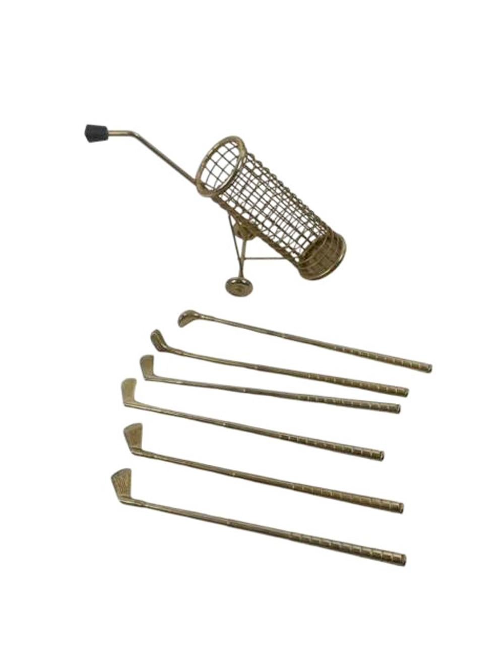 Mid-Century Gold-Tone Golf Club Swizzle Sticks in Wire Mesh Golf Bag Stand In Good Condition In Chapel Hill, NC