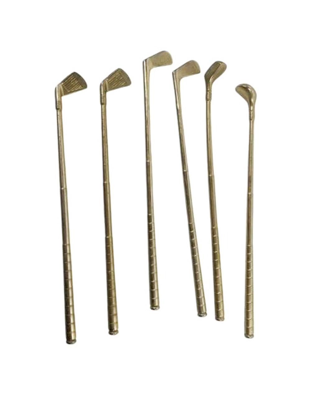 20th Century Mid-Century Gold-Tone Golf Club Swizzle Sticks in Wire Mesh Golf Bag Stand