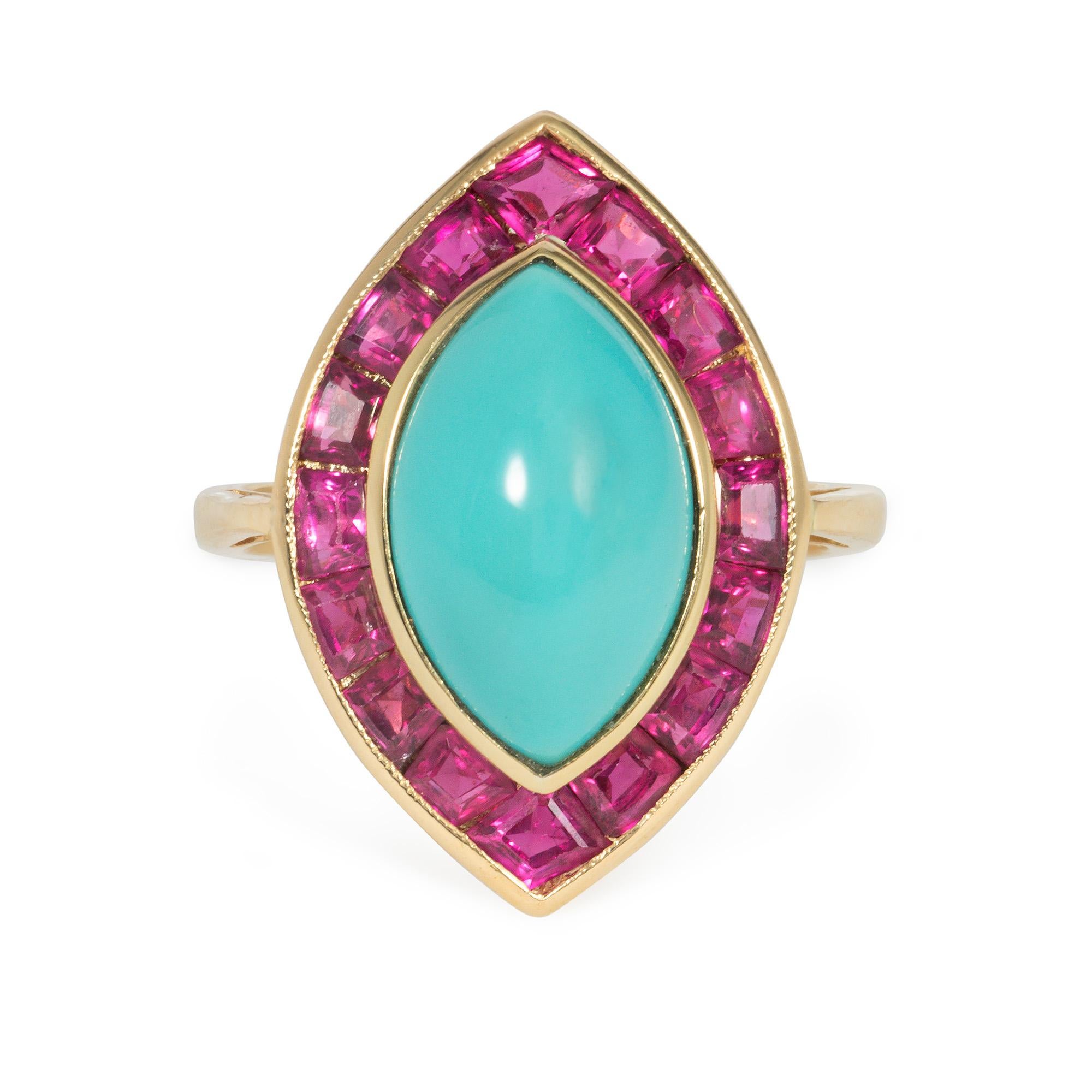 A mid-century ruby and turquoise ring comprised of a navette-shaped turquoise in a calibré ruby surround, in 18k gold. Indistinct #941?

Face-up dimensions: 7/8