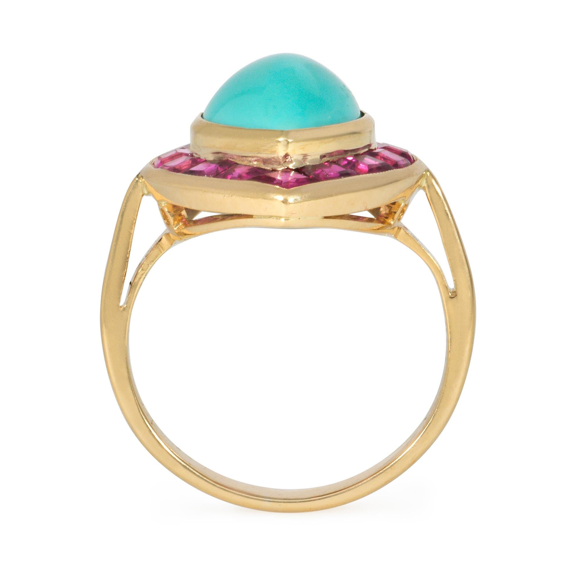 Modern Mid-Century Gold, Turquoise, and Calibre Ruby Navette-Shaped Ring For Sale