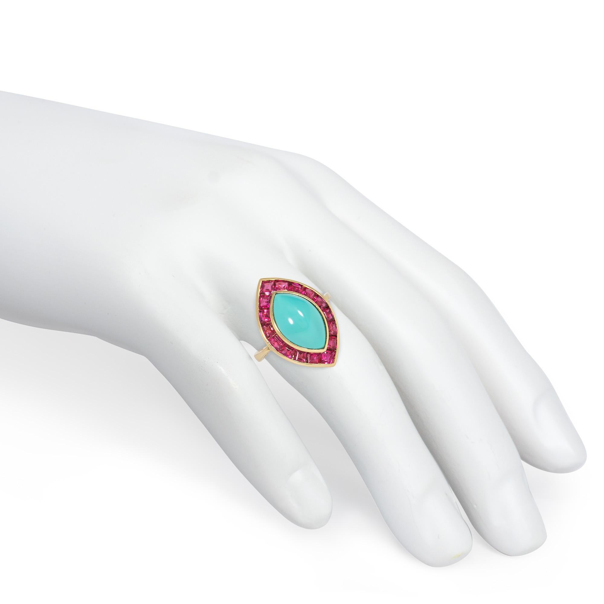 Mixed Cut Mid-Century Gold, Turquoise, and Calibre Ruby Navette-Shaped Ring For Sale