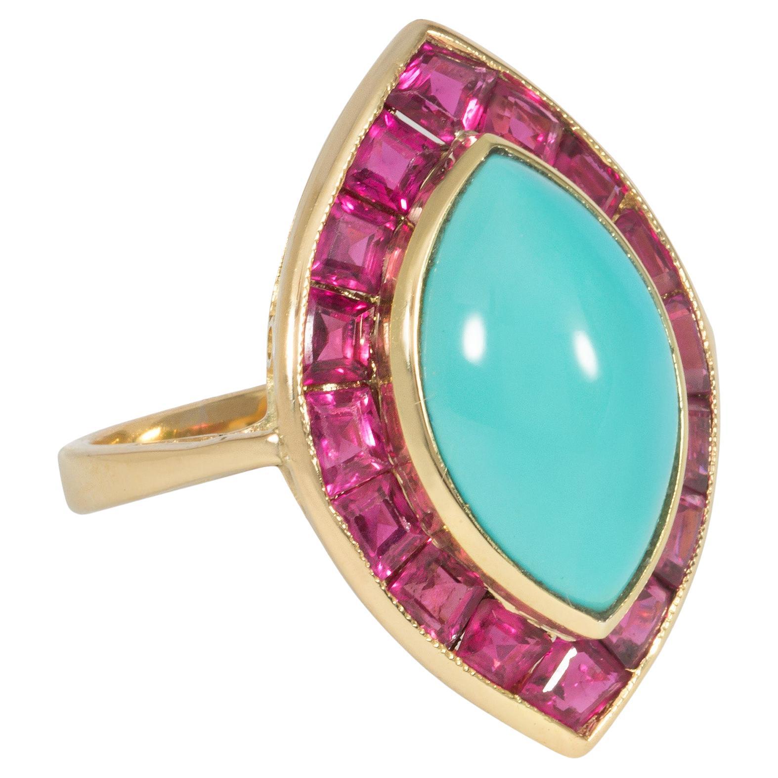 Mid-Century Gold, Turquoise, and Calibre Ruby Navette-Shaped Ring For Sale