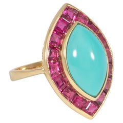 Vintage Mid-Century Gold, Turquoise, and Calibre Ruby Navette-Shaped Ring