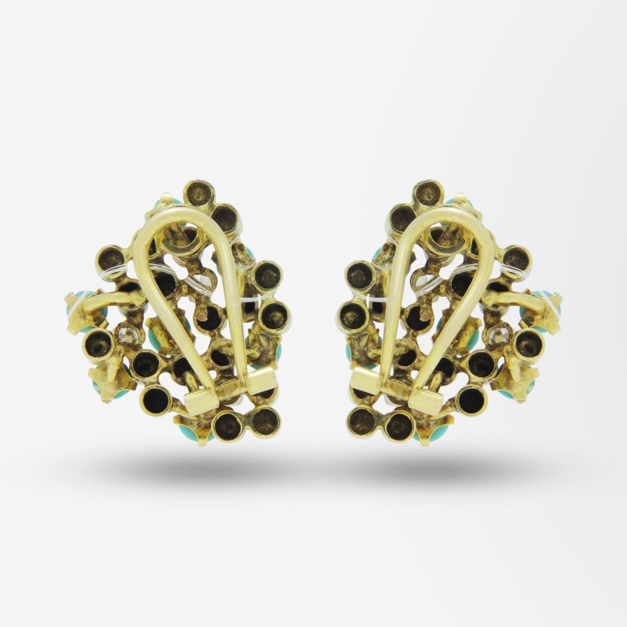 Modernist Midcentury, Gold, Turquoise and Diamond Ear Clips