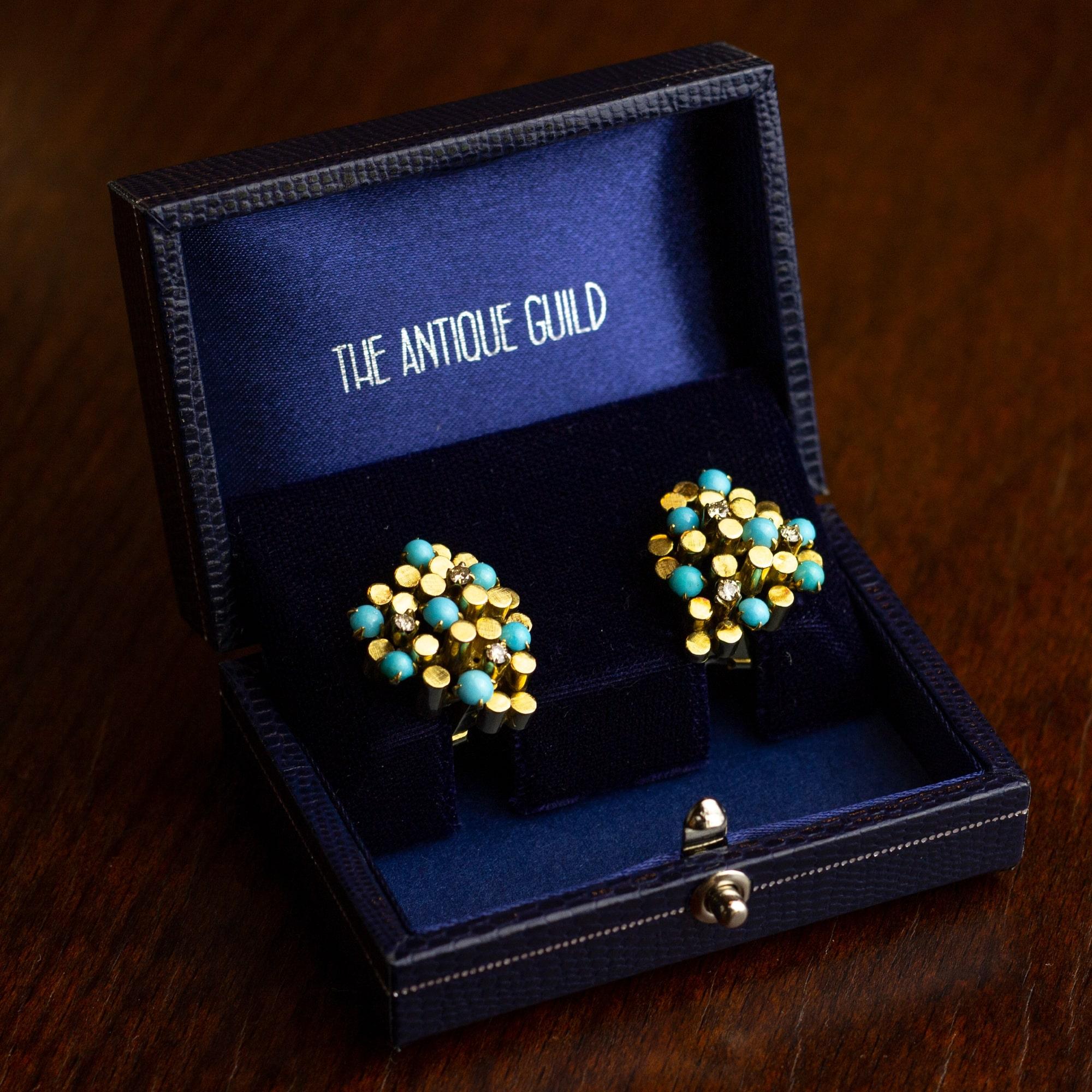 Midcentury, Gold, Turquoise and Diamond Ear Clips In Good Condition In Brisbane, QLD