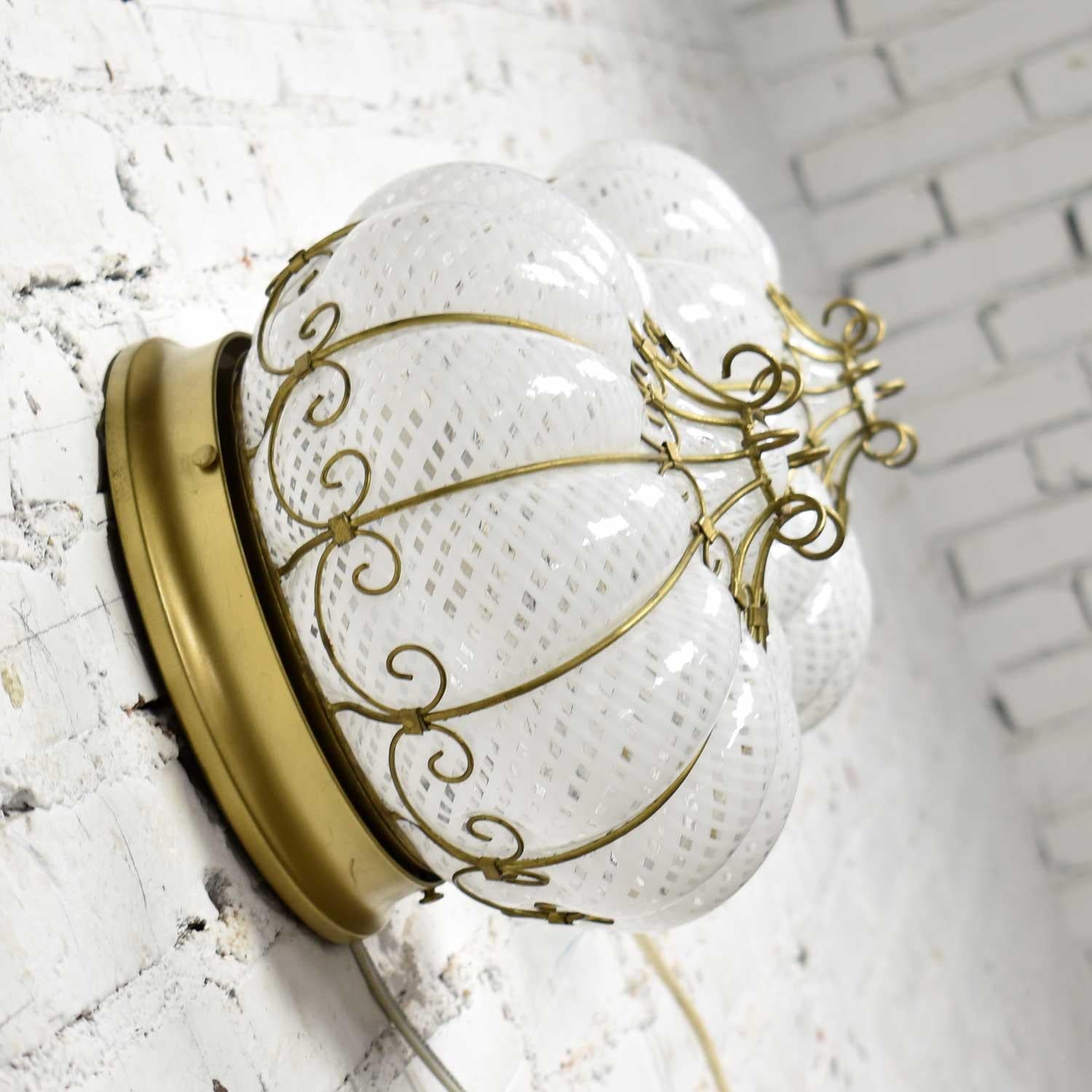 Midcentury Gold & White Caged Venetian Latticino Glass Ceiling Lights or Sconce 3