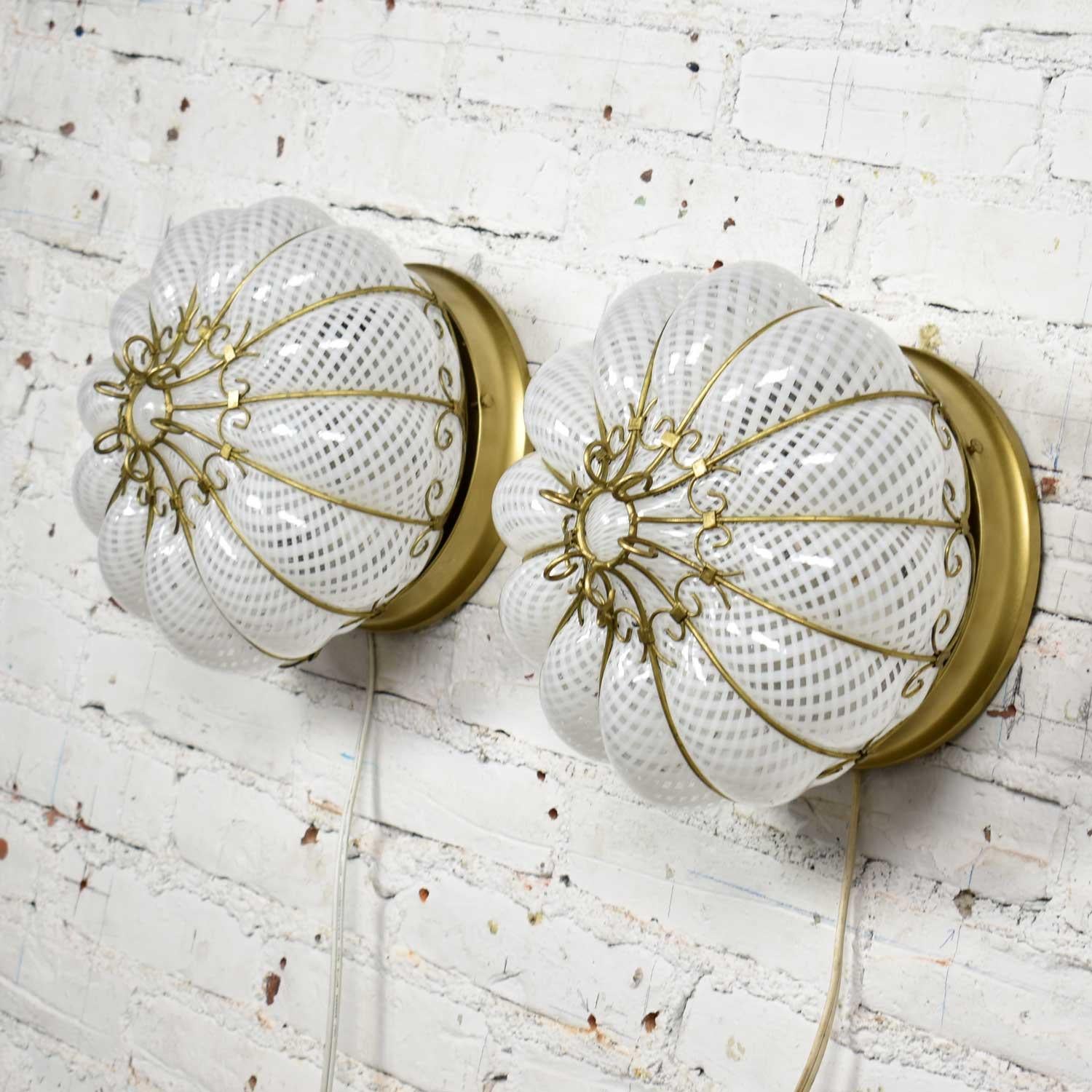 Midcentury Gold & White Caged Venetian Latticino Glass Ceiling Lights or Sconce 4