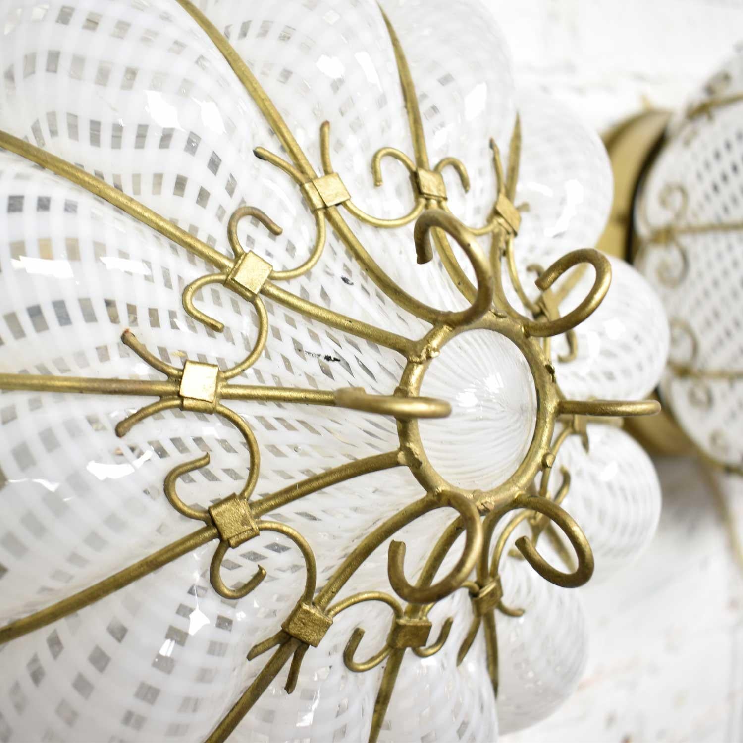 Midcentury Gold & White Caged Venetian Latticino Glass Ceiling Lights or Sconce 8